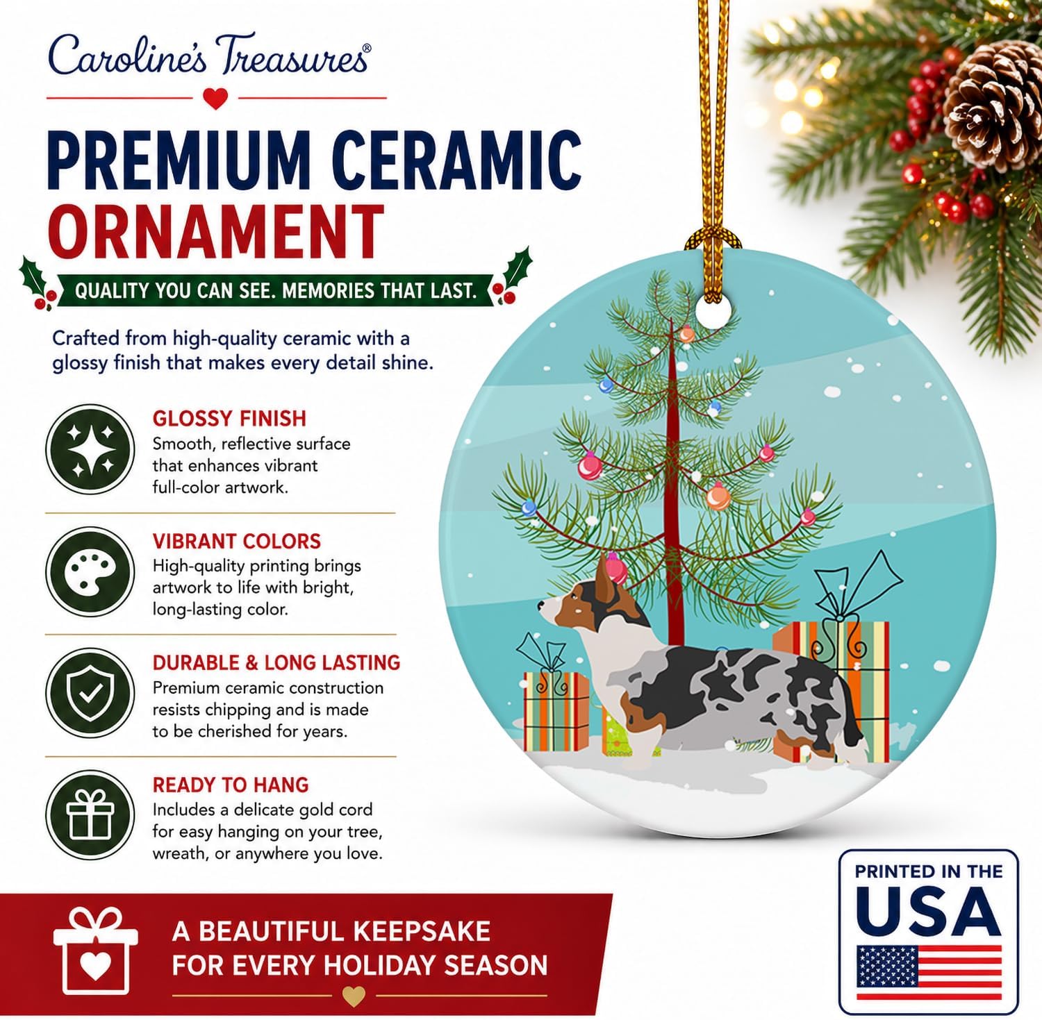 Caroline's Treasures Welsh Corgi Cardigan Christmas Ceramic Ornament Christmas Tree Hanging Decorations for Home Christmas Holiday, Party, Gift, 3 in, Multicolor image 2