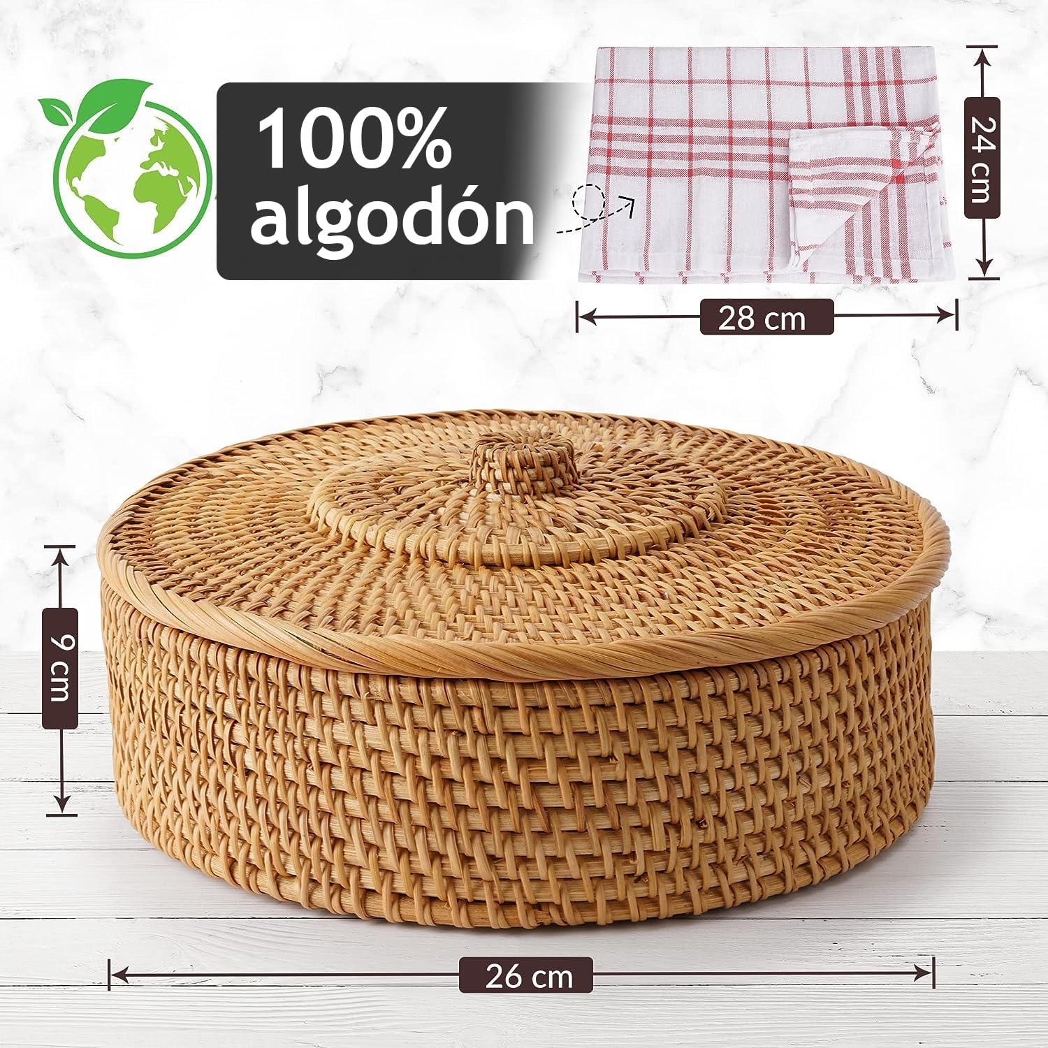 Tortillada - Calentador de Tortillas 26 cm Ratán – Cesta de Pan Hecha a Mano para Tortillas, Wraps y Pan Plano – Incluye Tela de Algodón, Mantiene la Comida Caliente