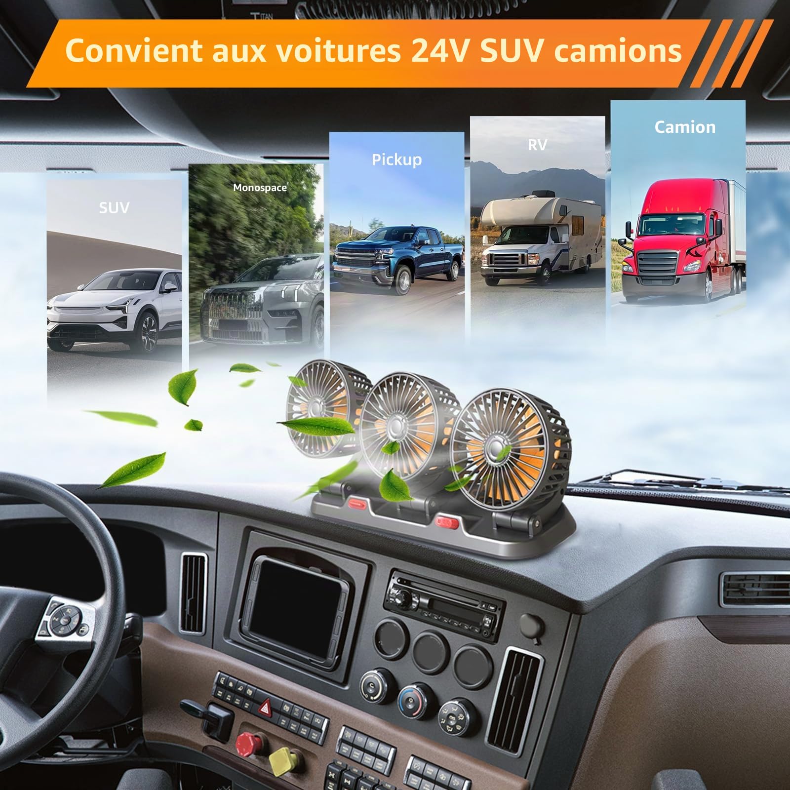 Riloer 24 V Ventilateur électrique de voiture, ventilateur de refroidissement portable à trois têtes, ventilateurs d'été rotatifs à 360 ° avec allume-cigare pour SUV, camions, camping-cars, remorques