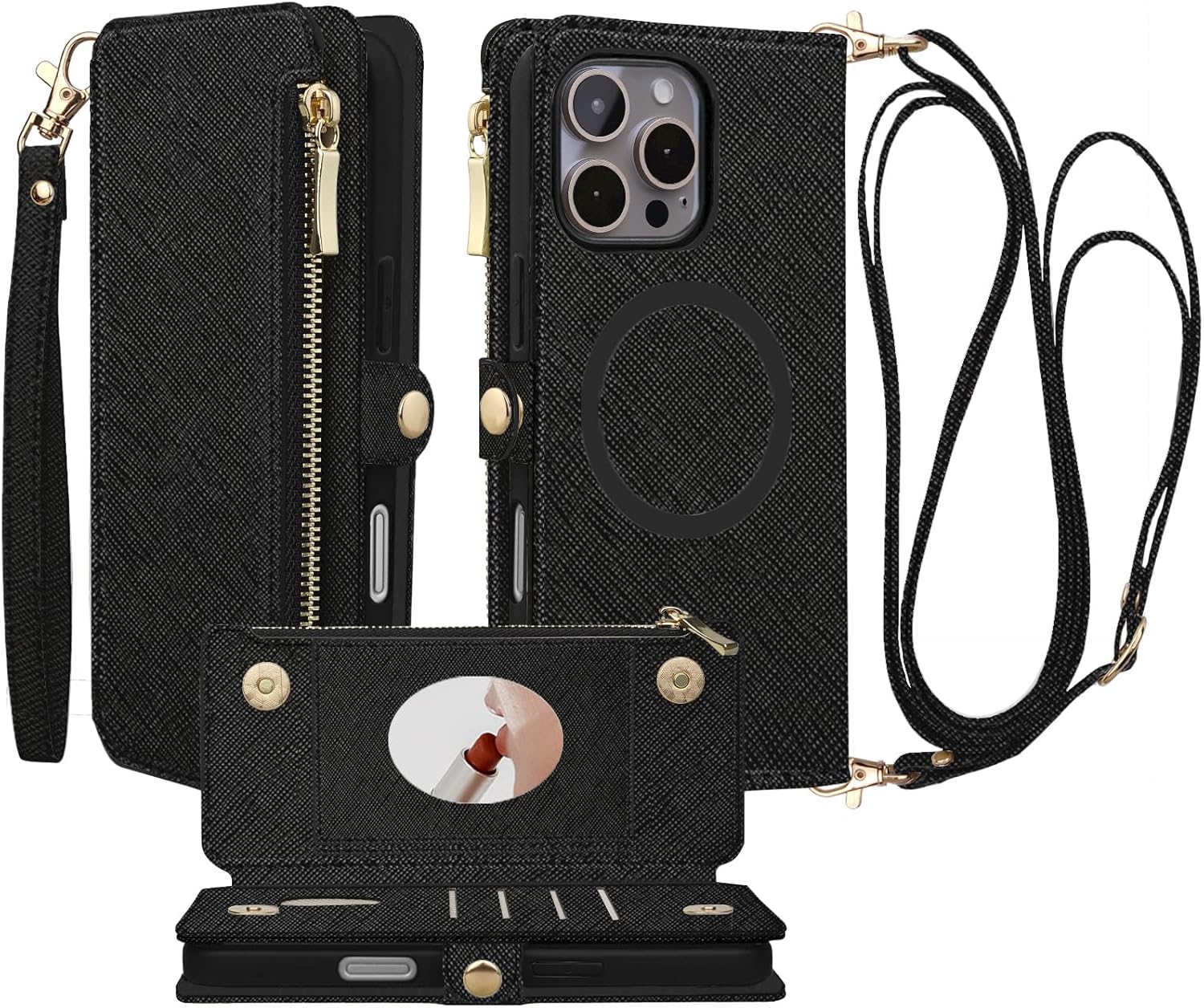 Crossbody Wallet Case for iPhone 16 Pro Max with Mirror, Wrist Strap, Detachable Zipper Purse, Magnetic Flip RFID Blocking Card Holder, Wireless Charging Removable Cover for Women (Black)