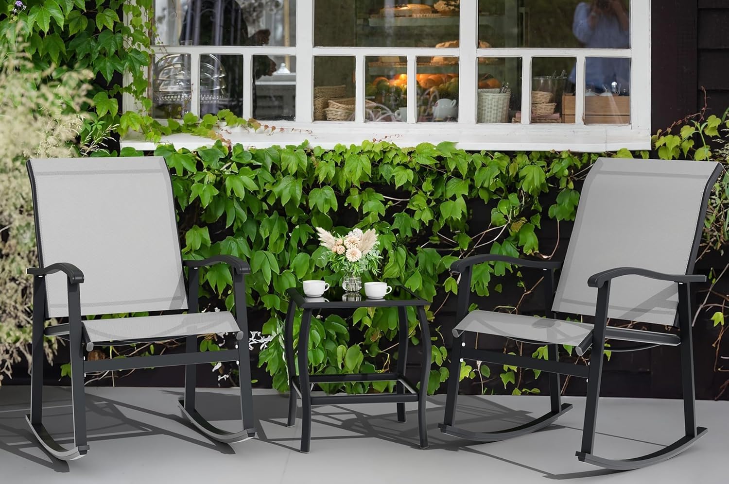 3 Piece Outdoor Rocking Bistro Set Fabric Small Patio Furniture Sets Front Porch Rocker Chairs Conversation with Glass Table for Backyard Porch Balcony Poolside(Gray)