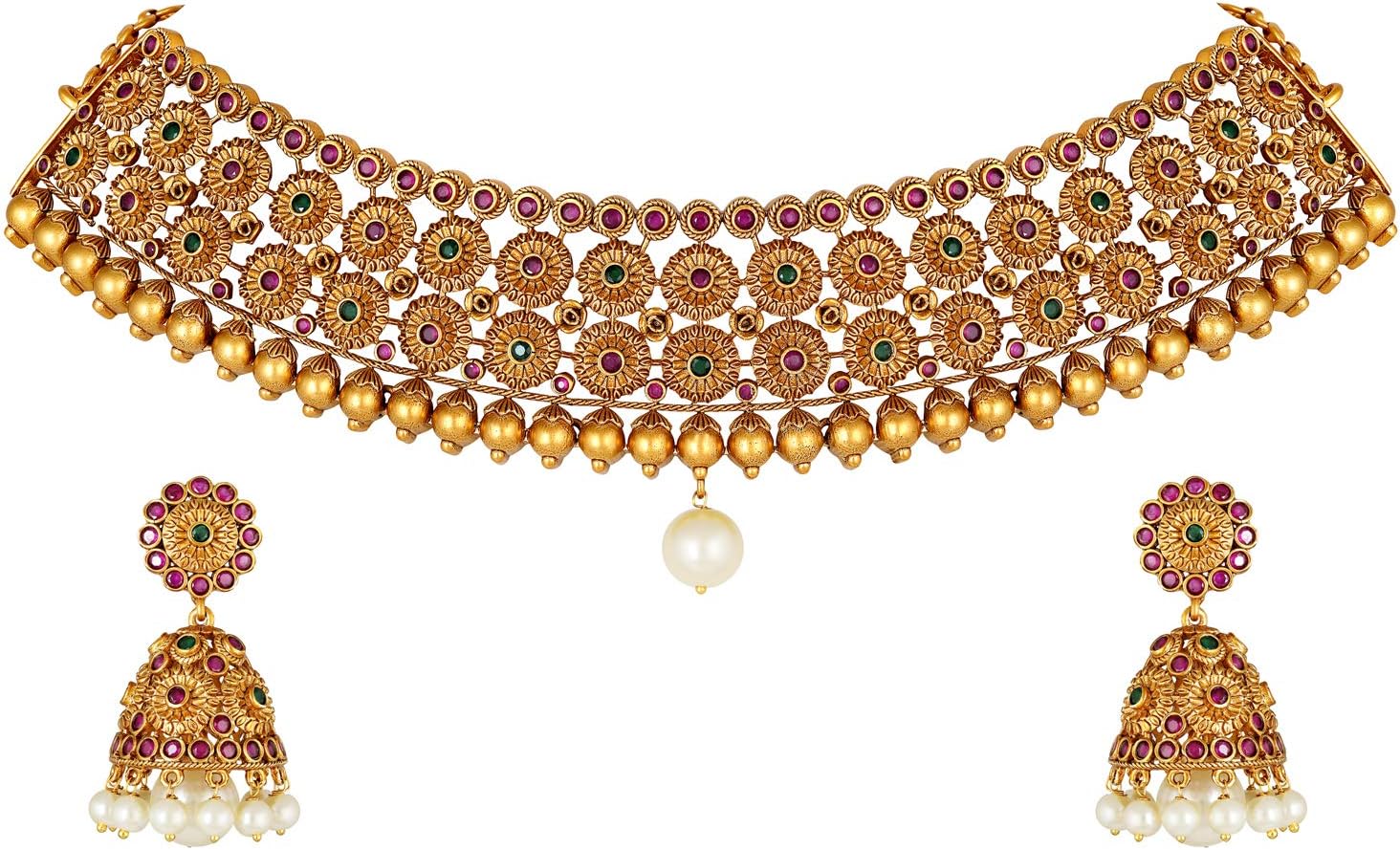 Aheli Antique Gold Tone Choker Necklace Jhumki Earrings Set Studded with Faux Stones Indian Wedding Fashion Jewelry Gift for Women