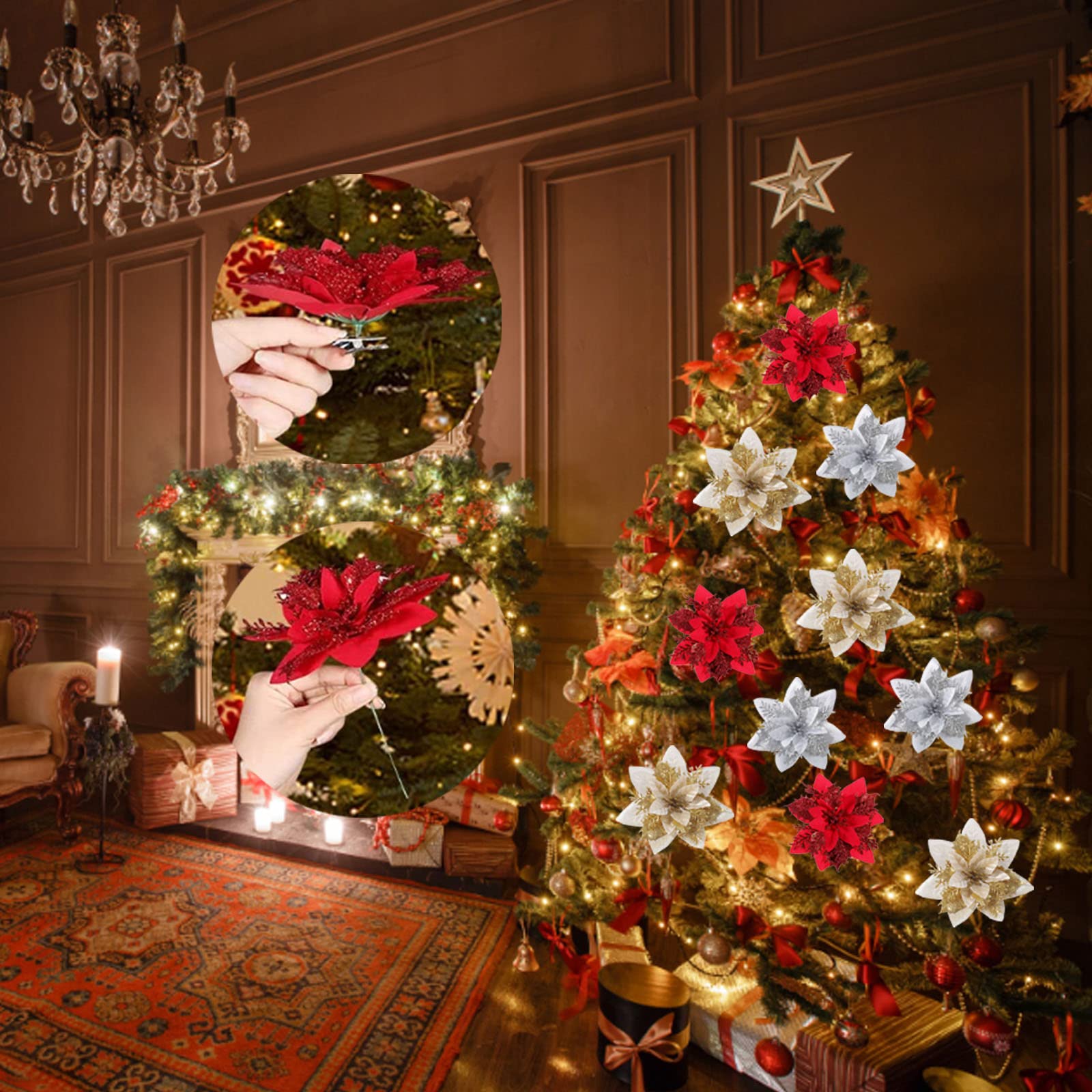 Set Di 12 Stelle Di Natale Con Glitter - Fiori Artificiali A Quadri Bianco E Nero Con Steli In Fil Di Ferro Decorazioni 98554546