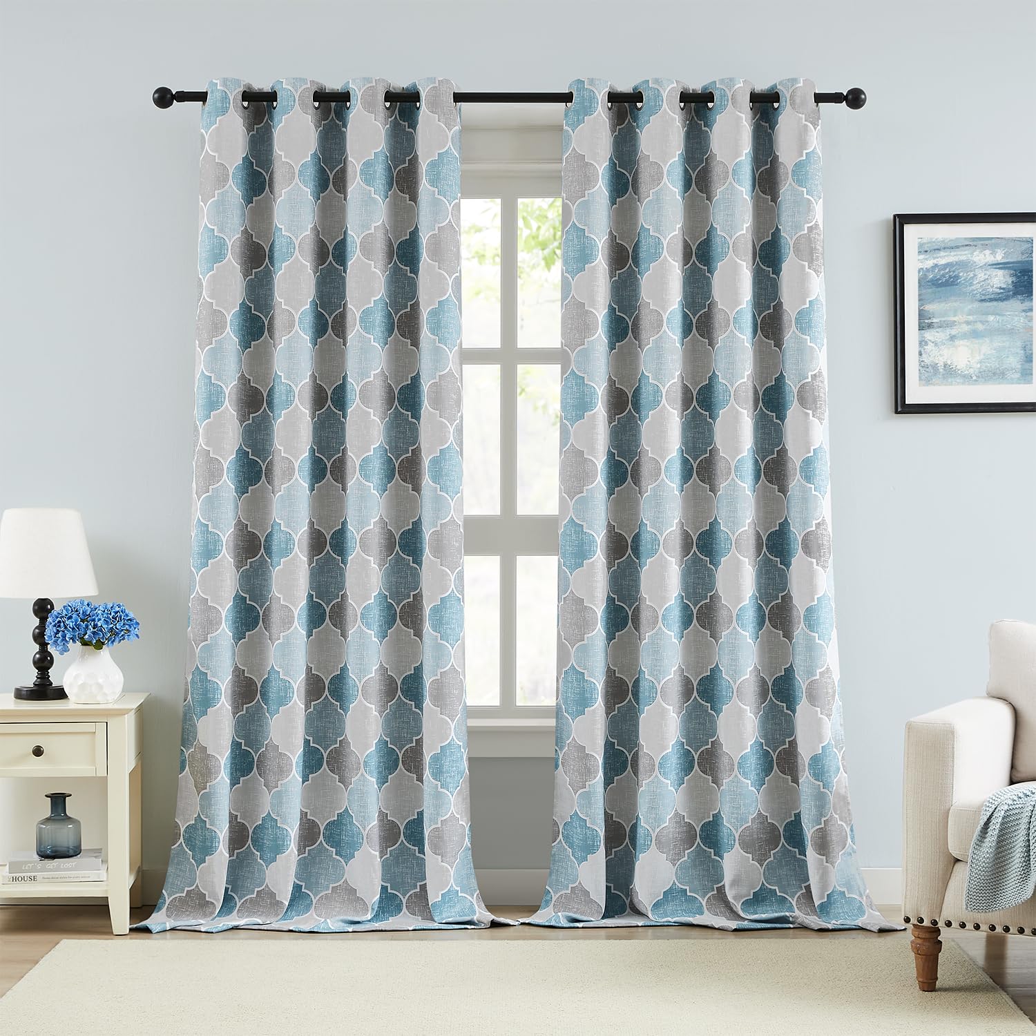 Ronaldecor Full Blackout Geometric Print Curtains 84 Inches Long 2 Panels Gray Blue Moroccan Drapes Room Darkening Thermal Insulated Grommet Top