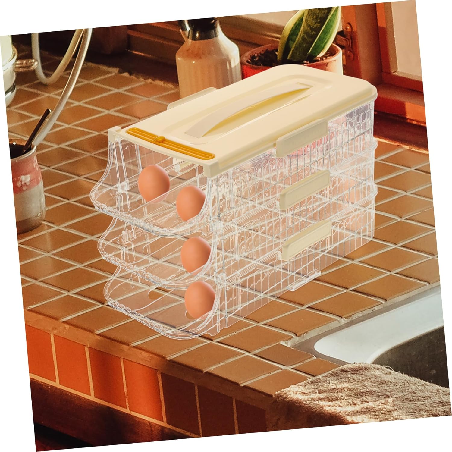 Multi-layer Stackable Holder Refrigerator Organizer Rolling Design and Handle for Easy Access for Kitchen and Fridge Use Securely