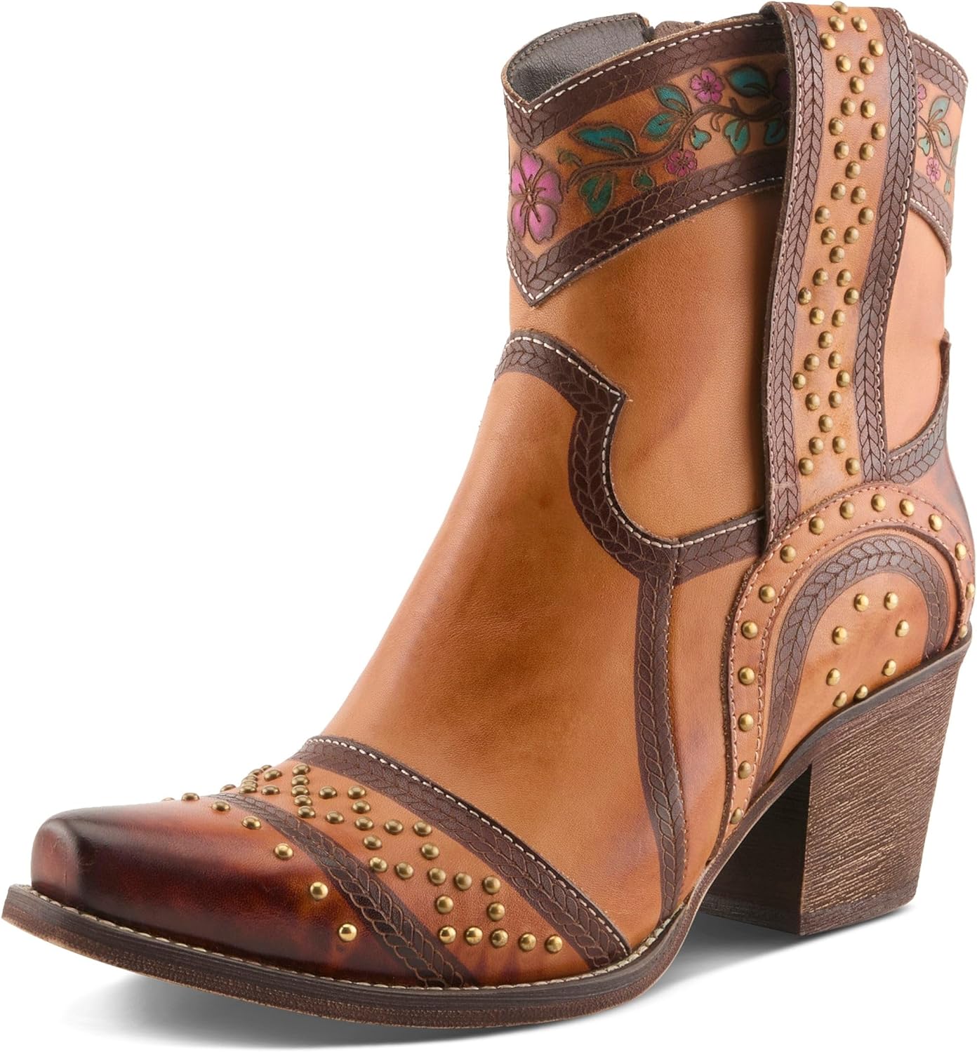 L’Artiste SADDLEUP Western Leather Boot – Floral Embossed Mid-Calf Cowgirl Boot with Stud Accents & Side Zipper