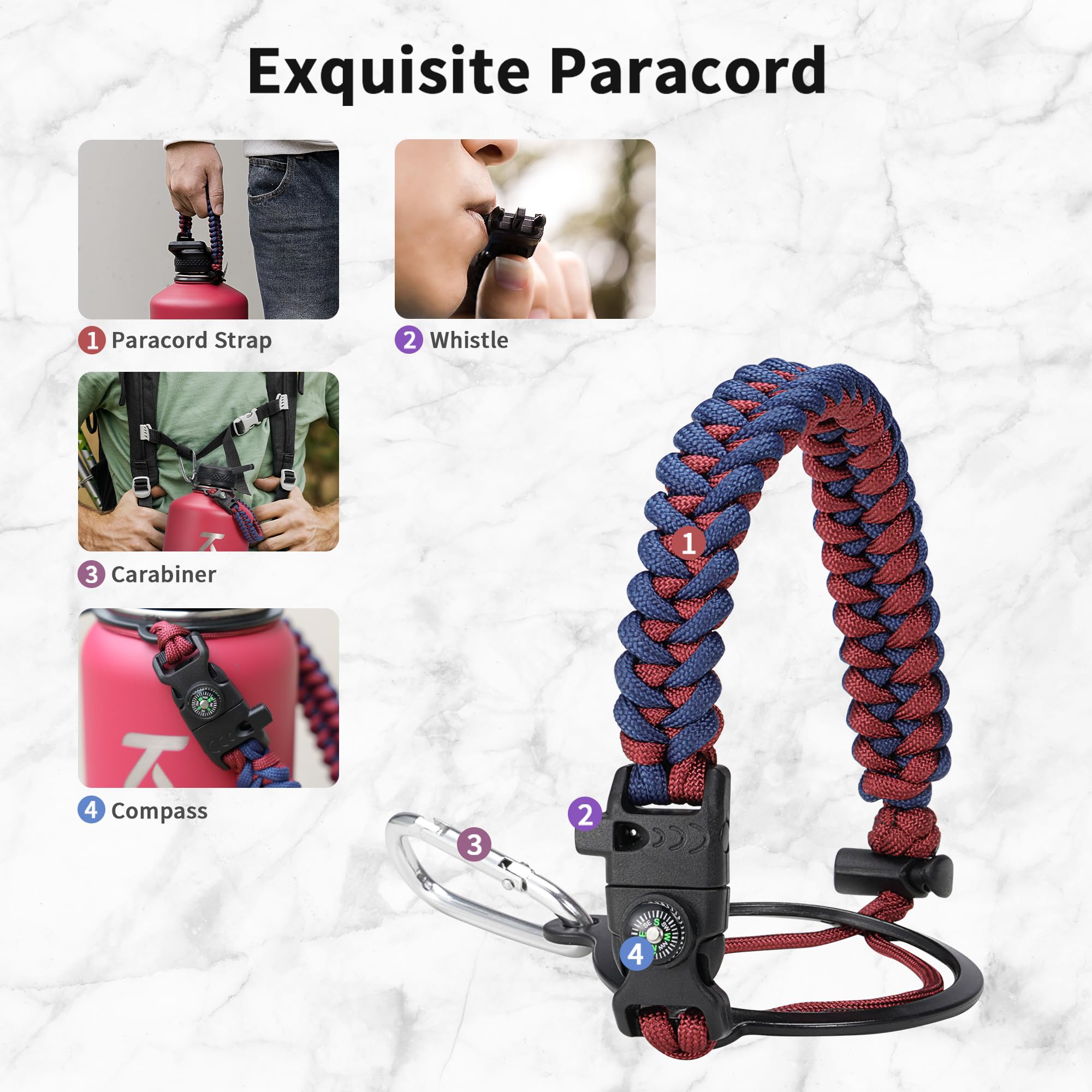 Trebo - Botella de agua de 1 galón aislada con asa de paracord y pajita, jarra grande de acero inoxidable de 128 oz con aislamiento de doble pared al vacío, mantiene el hielo frío durante 48 horas