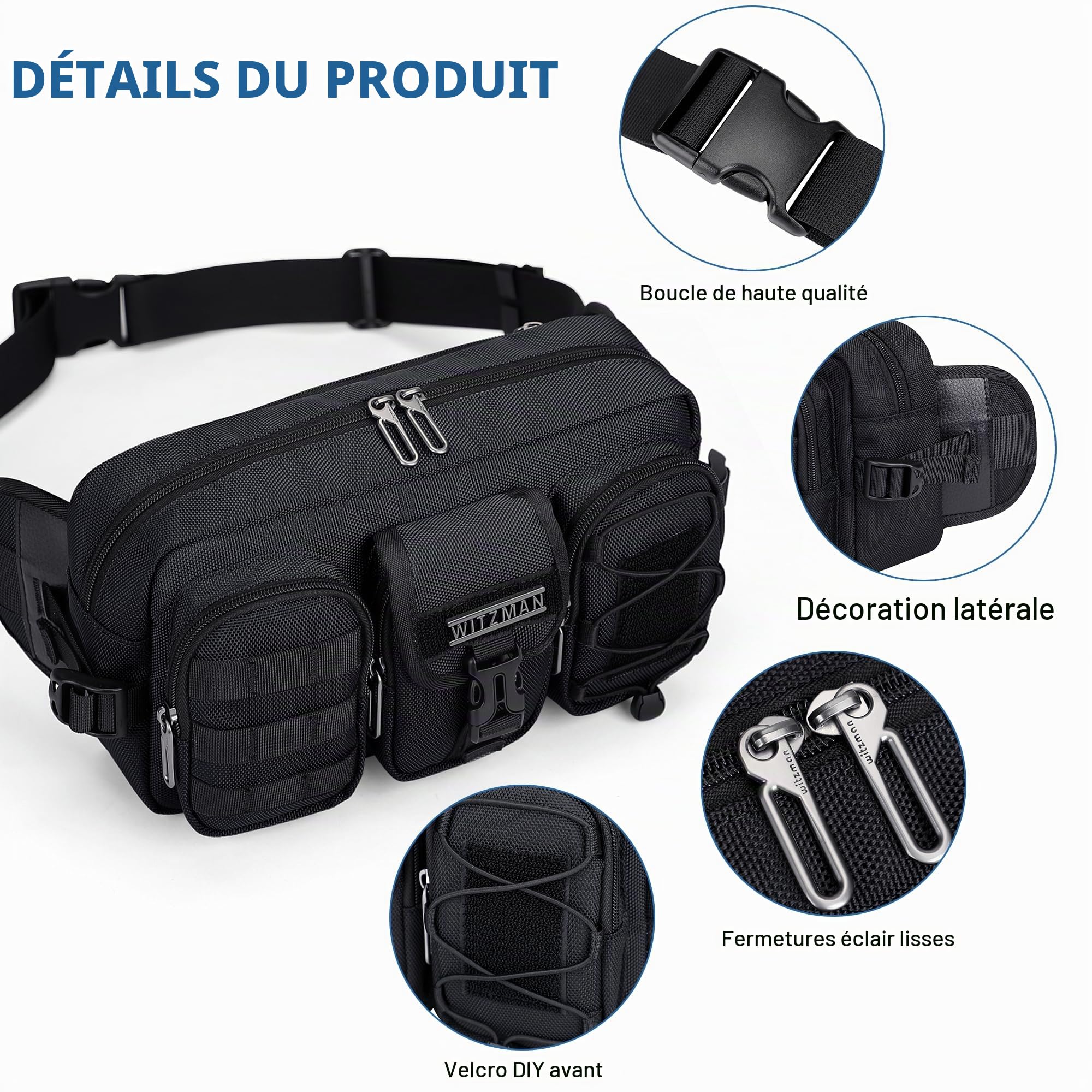 WITZMAN Sac banane pour homme, sac banane tendance avec fermeture éclair, avec plusieurs poches pour voyager, marche quotidienne, Noir