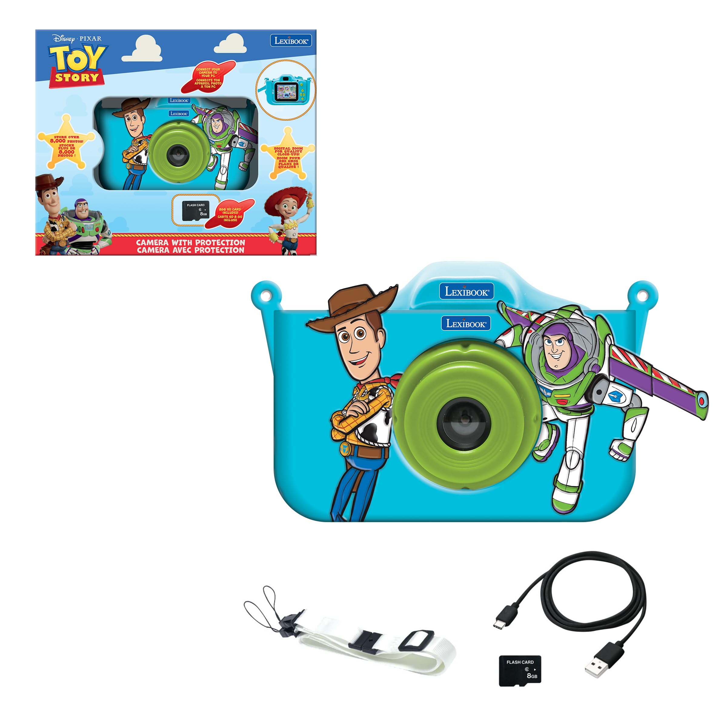 LEXIBOOK, Disney Toy Story Kids Camera, Protective Character Cover, Built‑In Flash Memory, USB‑C Rechargeable, Blue/Green