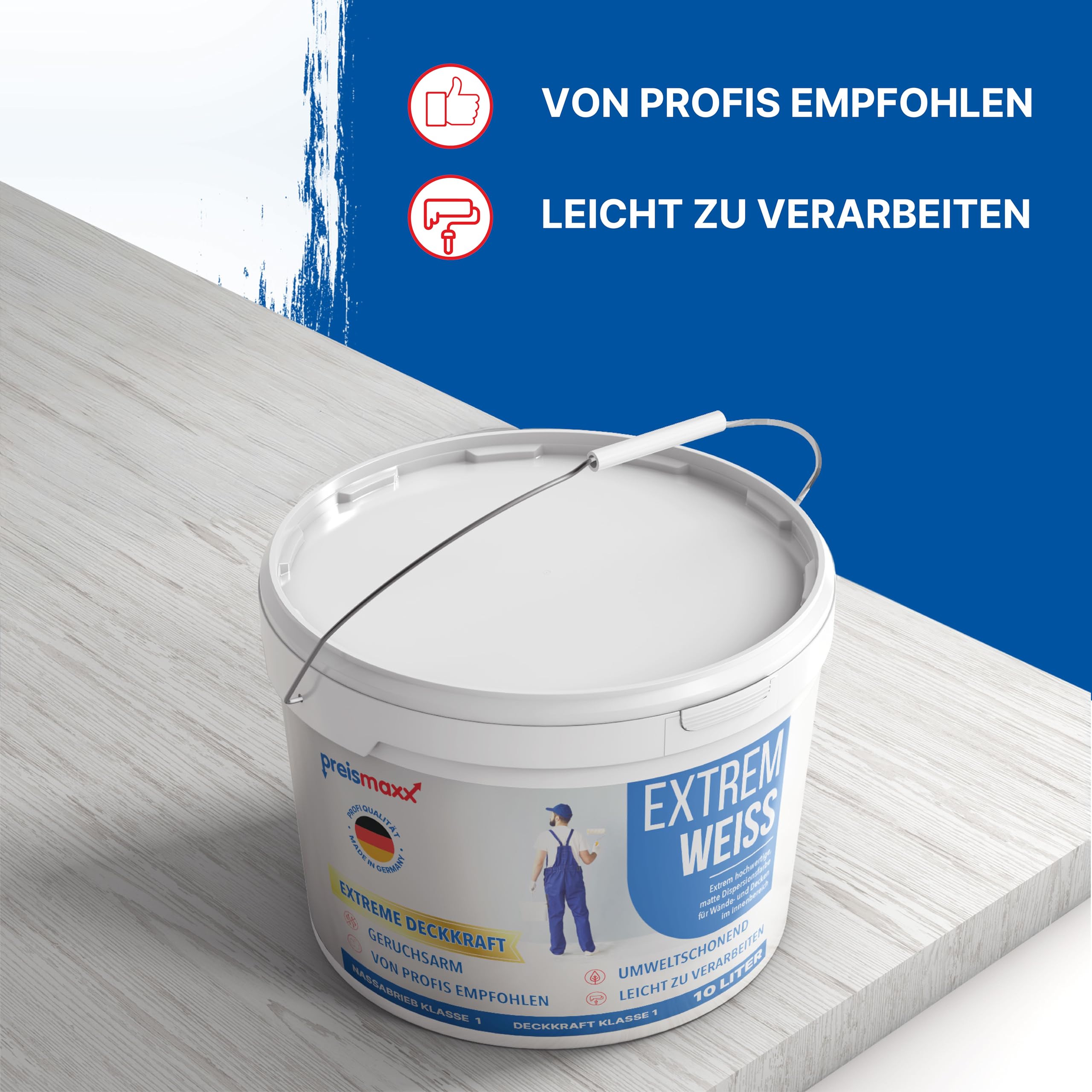 Preismaxx Wandfarbe Weiß innen Extrem Innenfarbe matt hochdeckend 10l | Für Wände, Decken, Putz, Tapete & Altanstriche, hohe Deckkraft, geruchsarm, tropfgehemmt, Renovierung & Neuanstrich
