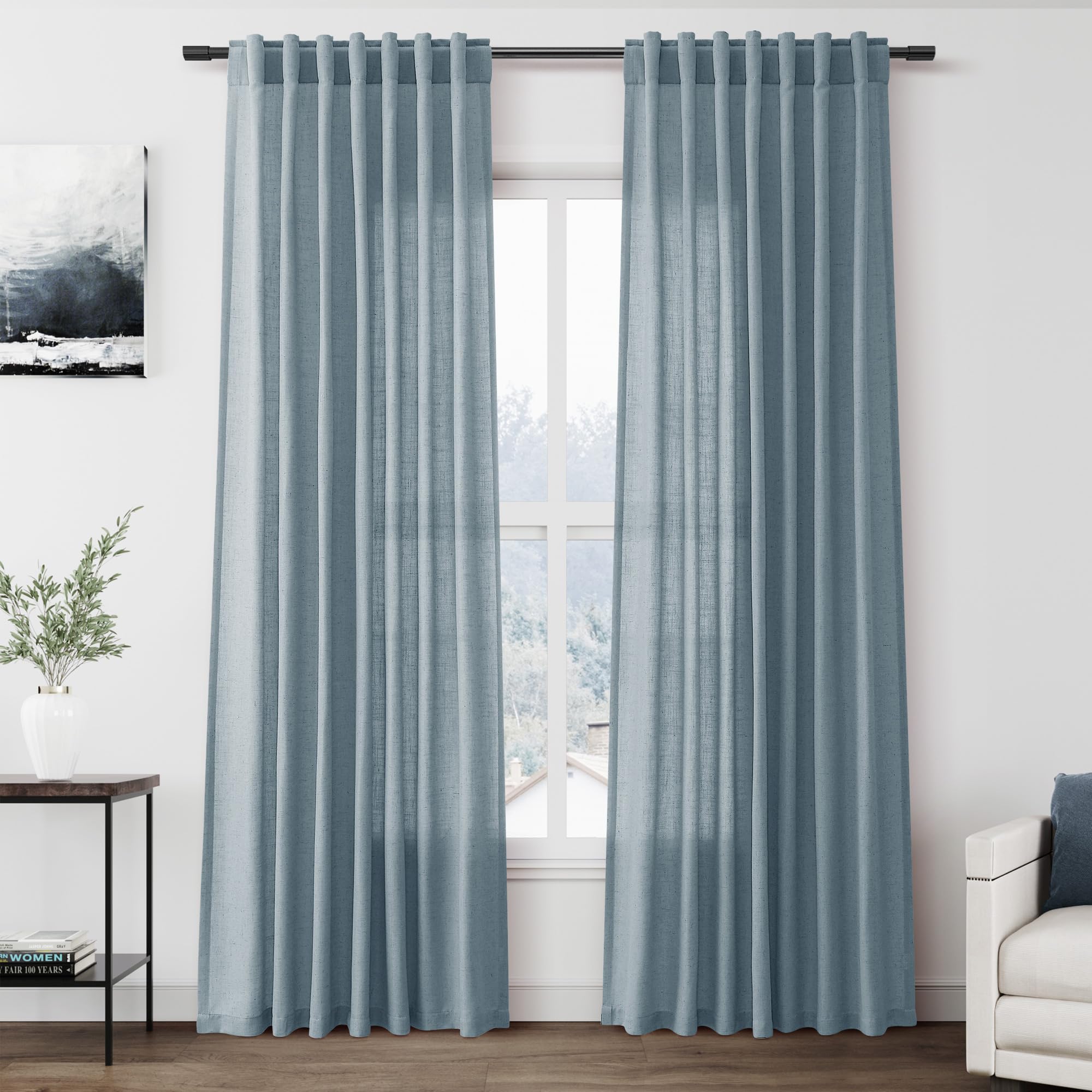 Photo 1 of Nanspring Light Blue Linen Curtains 84 Inch Length 2 Panels Set for Living Room Rod Pocket Back Tab Light Filtering Window Drapes for Bedroom Dining Room Protect Privacy Modern Farmhouse Decor 52x84