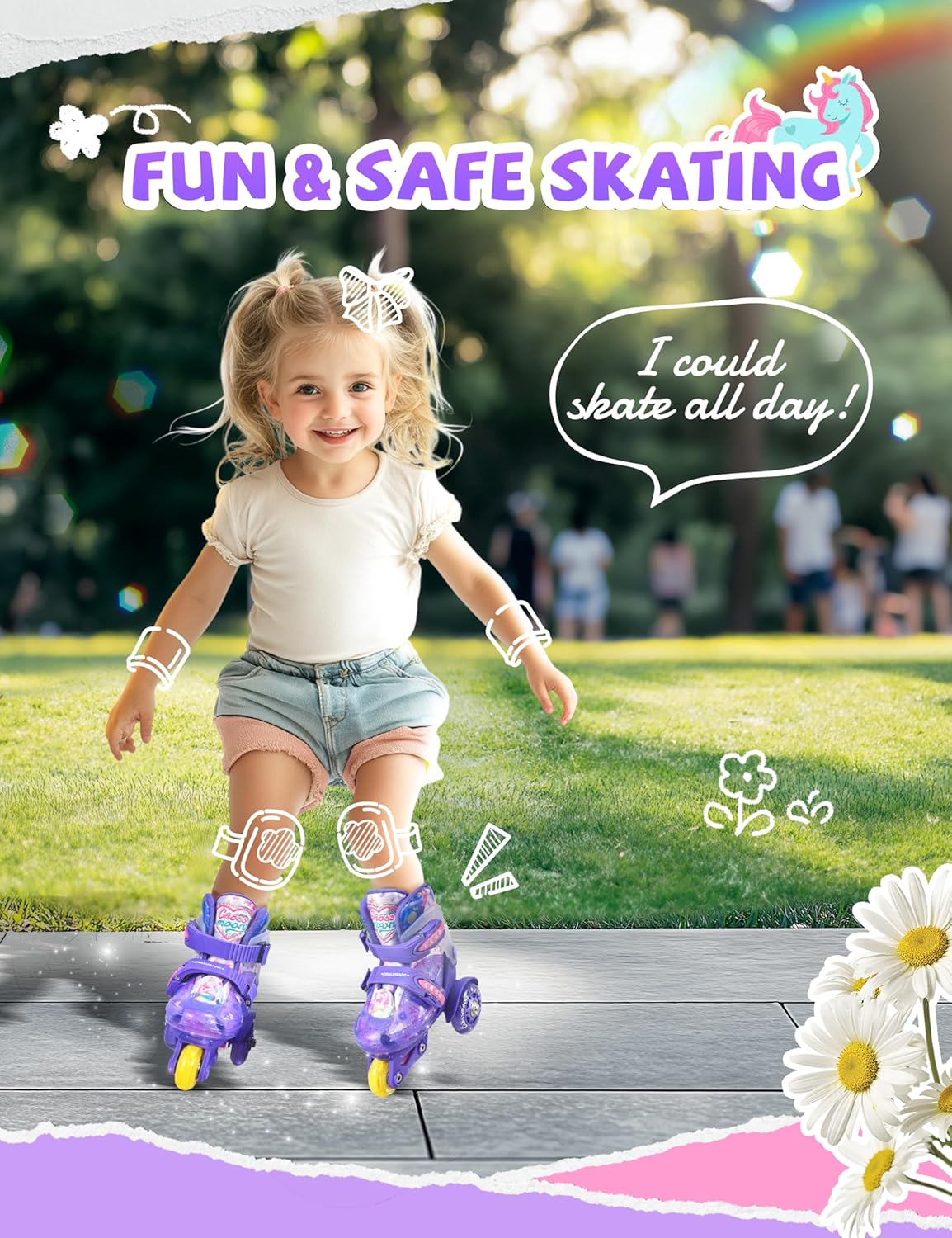 Unicorn Toddler Roller Skates, Kids Training Safety Tripple Protection Roller Skates with 4 Adjustable Sizes, Fun Light-Up Wheels, Little Girls' Fancy Gift