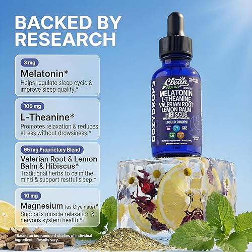 Miniatura 3 de Clean Nutra DozyDrops - Gotas líquidas para dormir con melatonina, L-teanina, raíz de valeriana, bálsamo de limón, hibisco, magnesio y vitamina B6