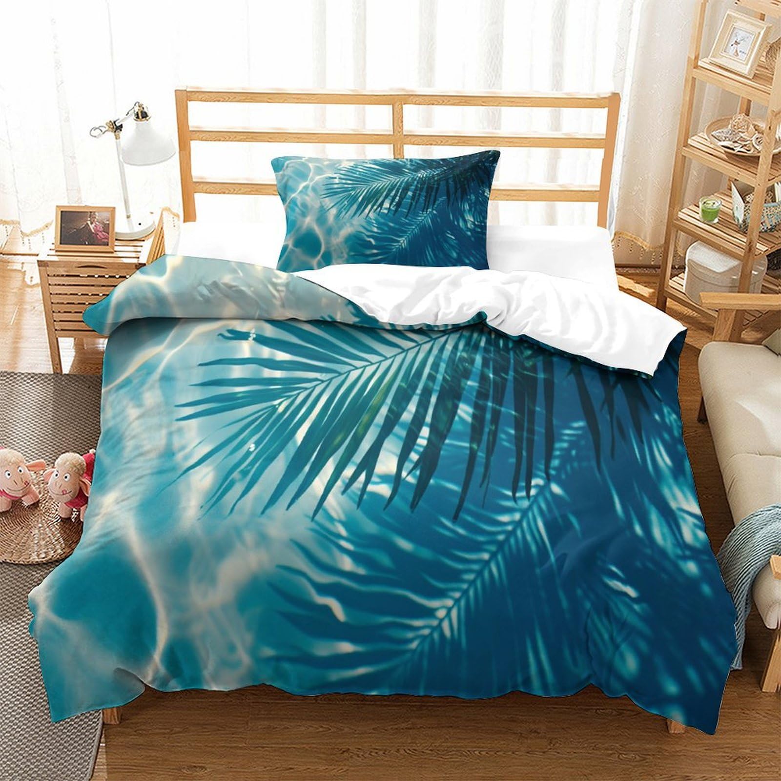 P1s9u7w5y Water Ripple-2 3D Printed Blue Palm Leaf Duvet Cover Set 3Pcs Microfiber Tropical Palm Leaf Bedding Set Single（135X200cm）