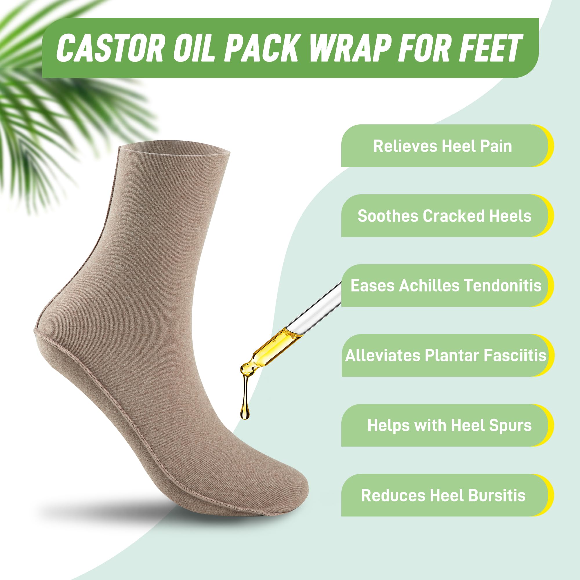 2 Pack Castor Oil Pack Wraps for Feet Organic Cotton Reusable Castor Oil Foot Ankles Wrap for Women Mid-Crew Socks Khaki(Oil Not Include)