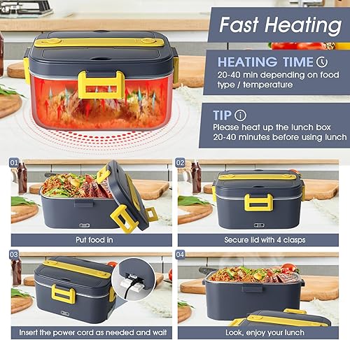 Miniatura 4 de GALLIA Lonchera eléctrica, lonchera portátil con calefacción para adultos (12 V24 V110 V), recipientes de acero inoxidable de 1.8 L, calentador de