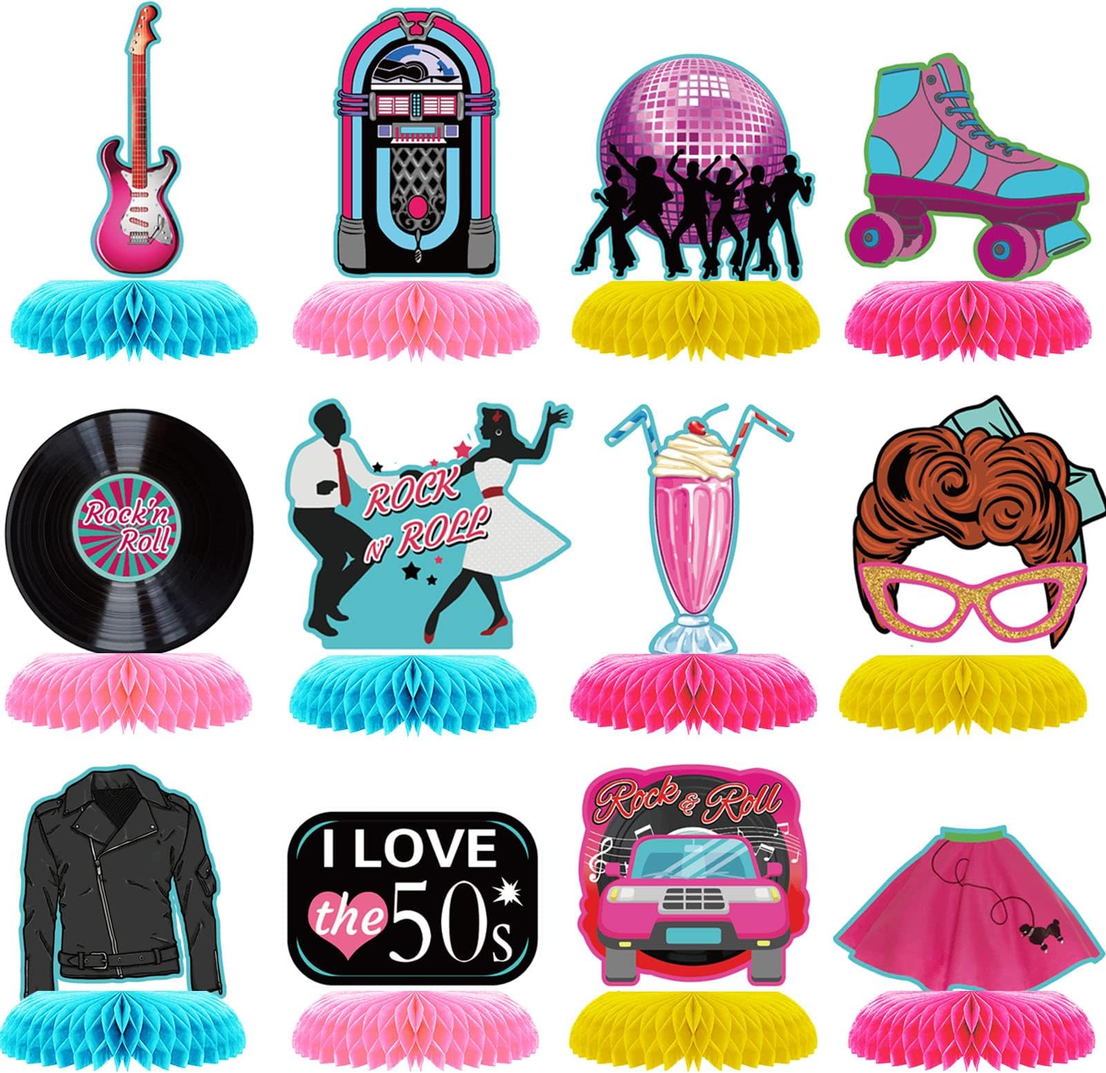 12 Pcs 1950's Rock and Roll Honeycomb Centerpieces 50's Party Decorations 50s Retro Table Toppers Table Centerpieces for 50's 60's Theme Music Party Supplies Favors