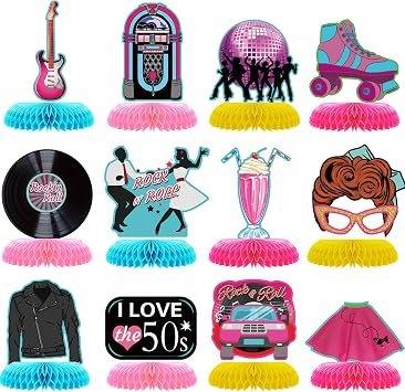 12 Pcs 1950s Rock and Roll Honeycomb Centerpieces 50s Party Decorations 50s Retro Table Toppers Table Centerpieces for 50s 60s Theme Music Party Supplies Favors