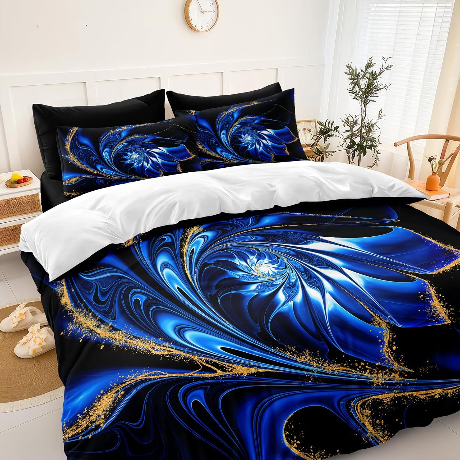 Blue Marble Comforter Set Queen Size Black Bed in A Bag Gold Vortex Floral Artwork Abstract Bedding Psychedelic Bed Set with Sheets - Image 2