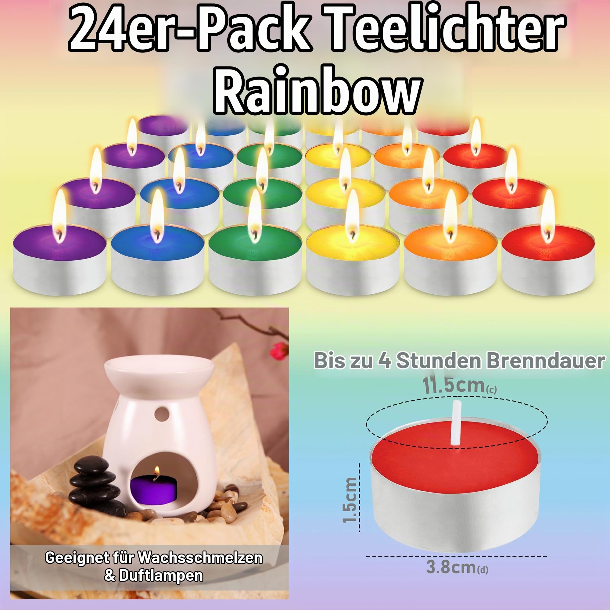 DECO EXPRESS Teelichter Großpackung, 24, 25, 50, 100 oder 200 Teelichter Lange Brenndauer 4, 8 oder 10 Stunden (Mehrfarbig, 24/4 Stunden)