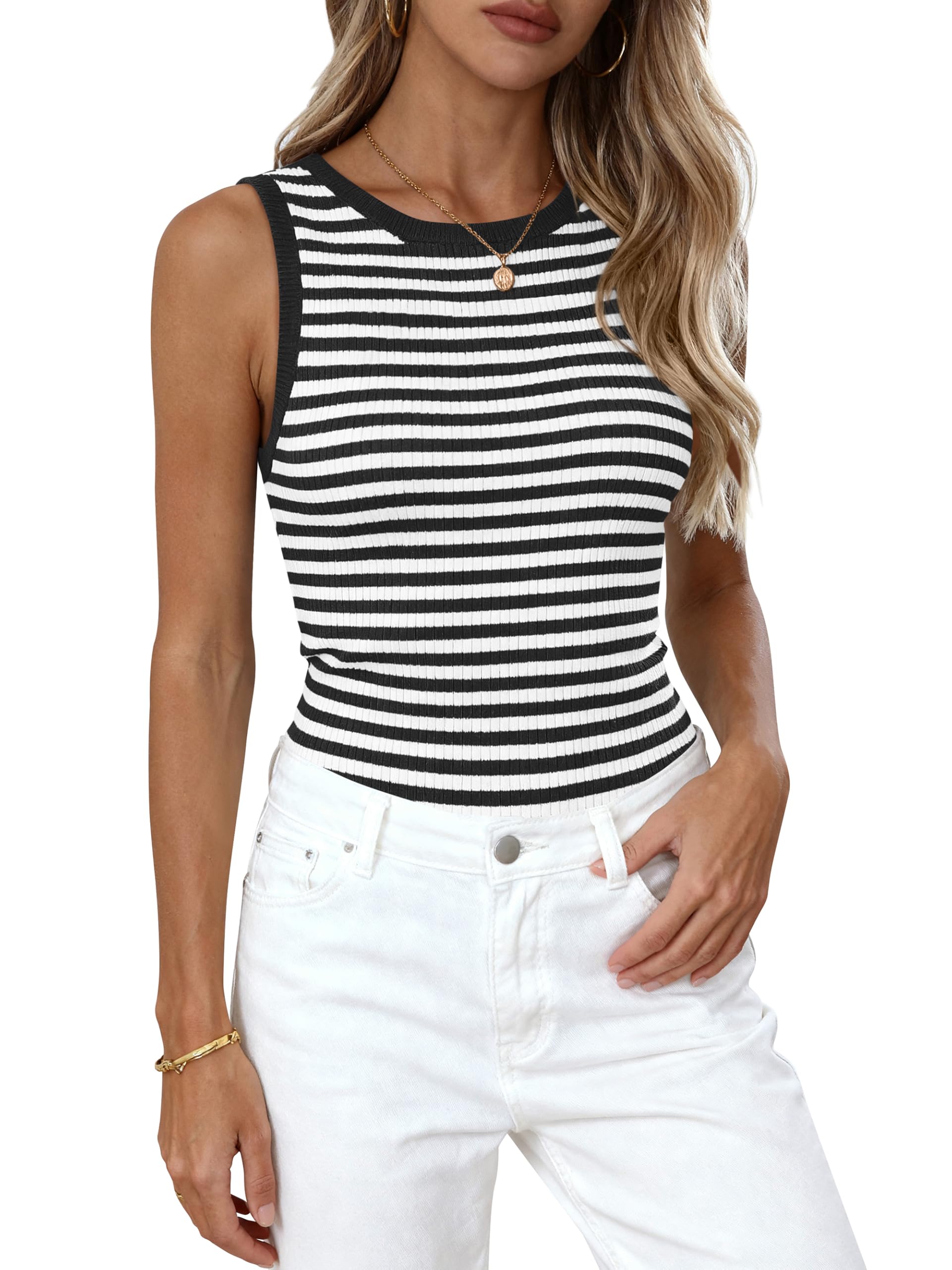 PRETTYGARDEN Summer High Neck Striped Tank Tops for Women Casual Sleeveless Sweaters Basic Ribbed Knit Slim Fitted Shirts