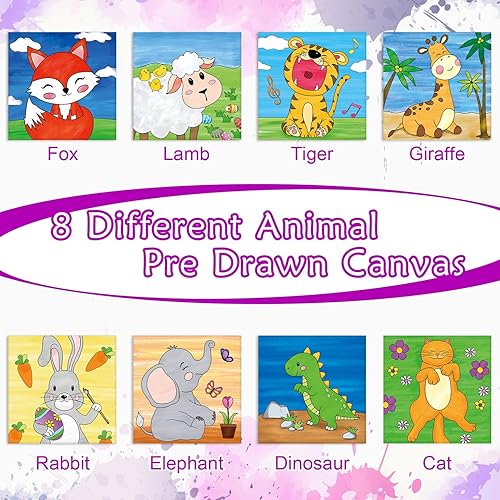 Miniatura 3 de Paquete de 8 lienzos predibujados de animales para pintar, 8 x 8 pulgadas, lienzo preimpreso para niños, lienzo preestirado para principiantes,