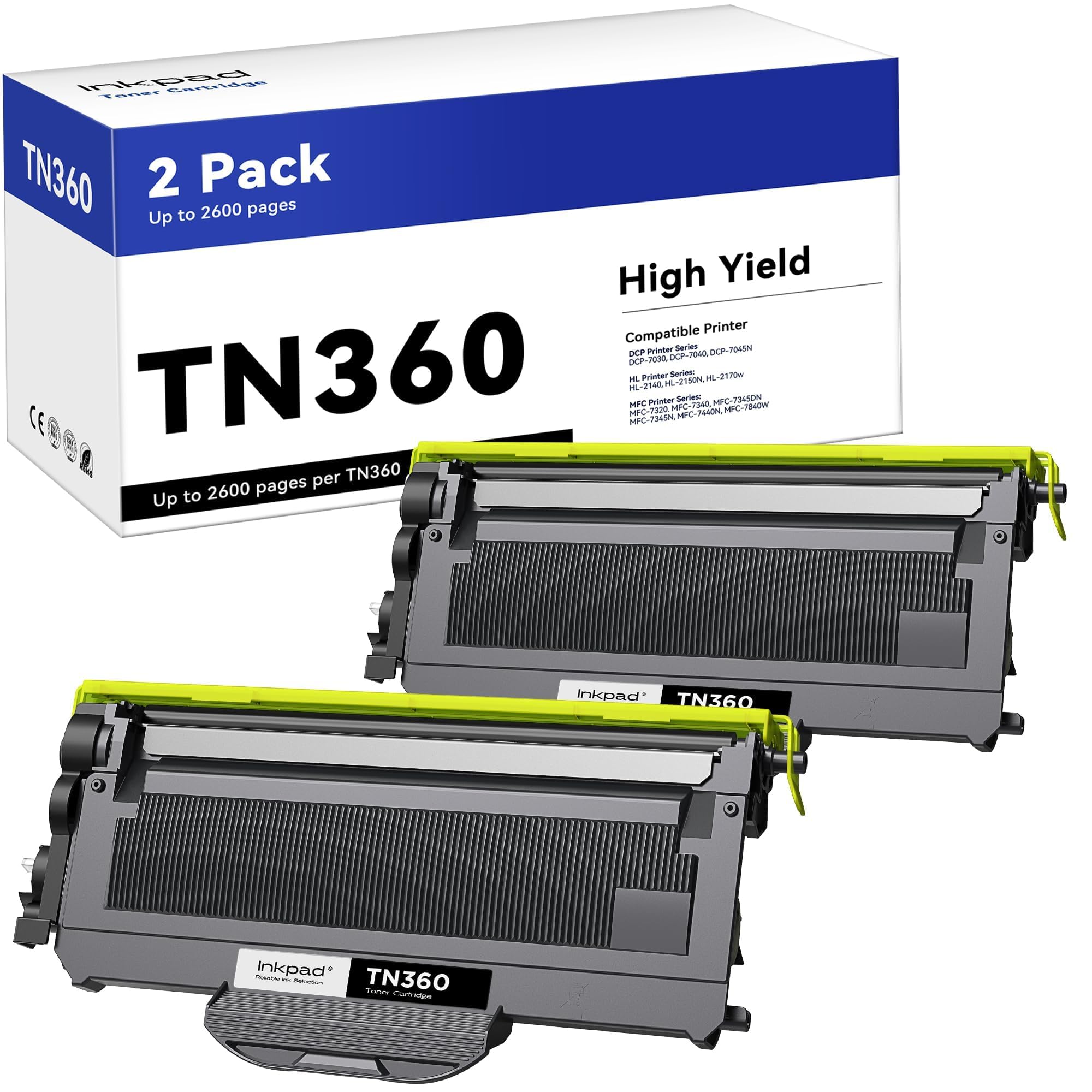 iNKPAD TN360 Toner Cartridges High Yield Combo Pack Replacement for Brother TN-360 TN-330 TN33 Compatible with Brother MFC-7840W HL-2140 MFC-7340 MFC-7440N HL-2170W HL-2150N Printers(2 Pack, Black)
