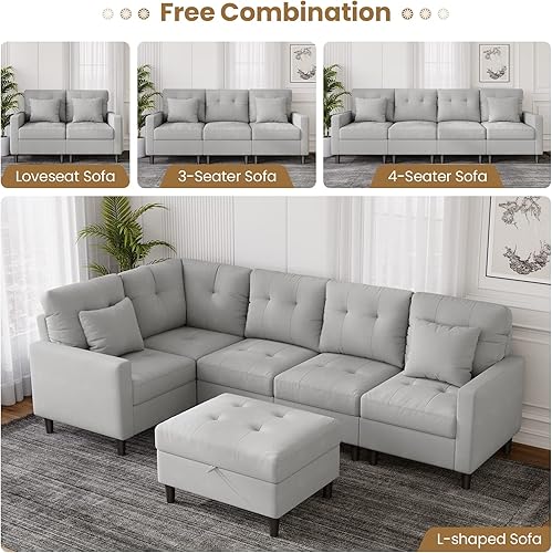 Miniatura 6 de Giantex Sofá modular modular, sofá extragrande en forma de L con otomana móvil, tela de lino sintético, 2 almohadas extraíbles incluidas, sofá