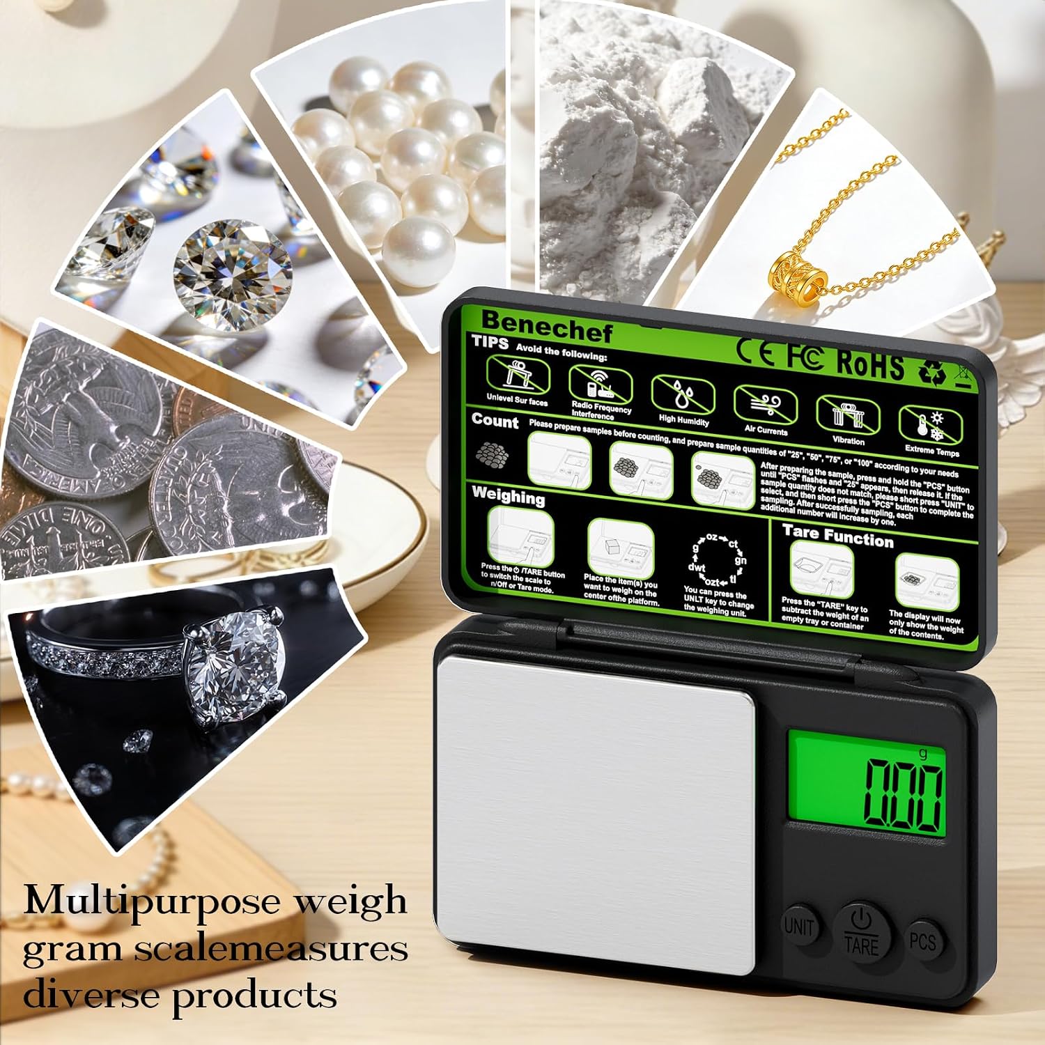 Mini Pocket Scale 500g x 0.01g, Digital Gram Scale with Green Backlit LCD, Tare & PCS Counting, Portable Jewelry Scale for Gold, Silver, Coins & Gems