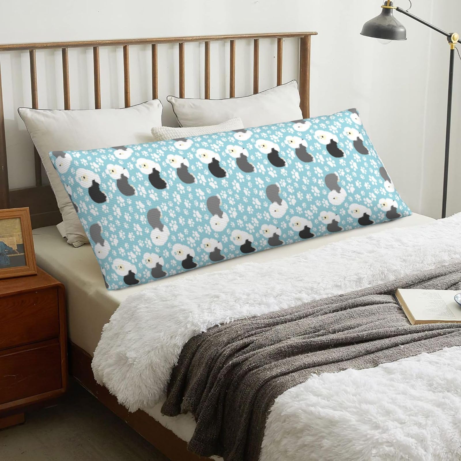 Old English Sheepdog Background With Hand Drawn Paws Cute Cartoon, Body Pillow Cover with Zipper,Long Body Pillowcase 20 x 60 in