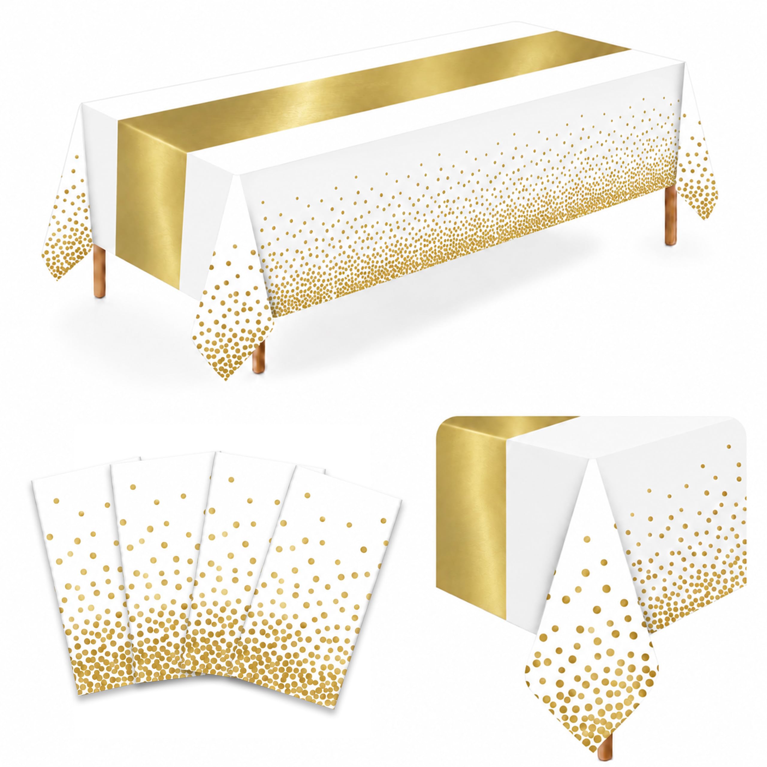 4 Pack White Gold Plastic Tablecloths, 54 x 108 Inch Rectangle Covers