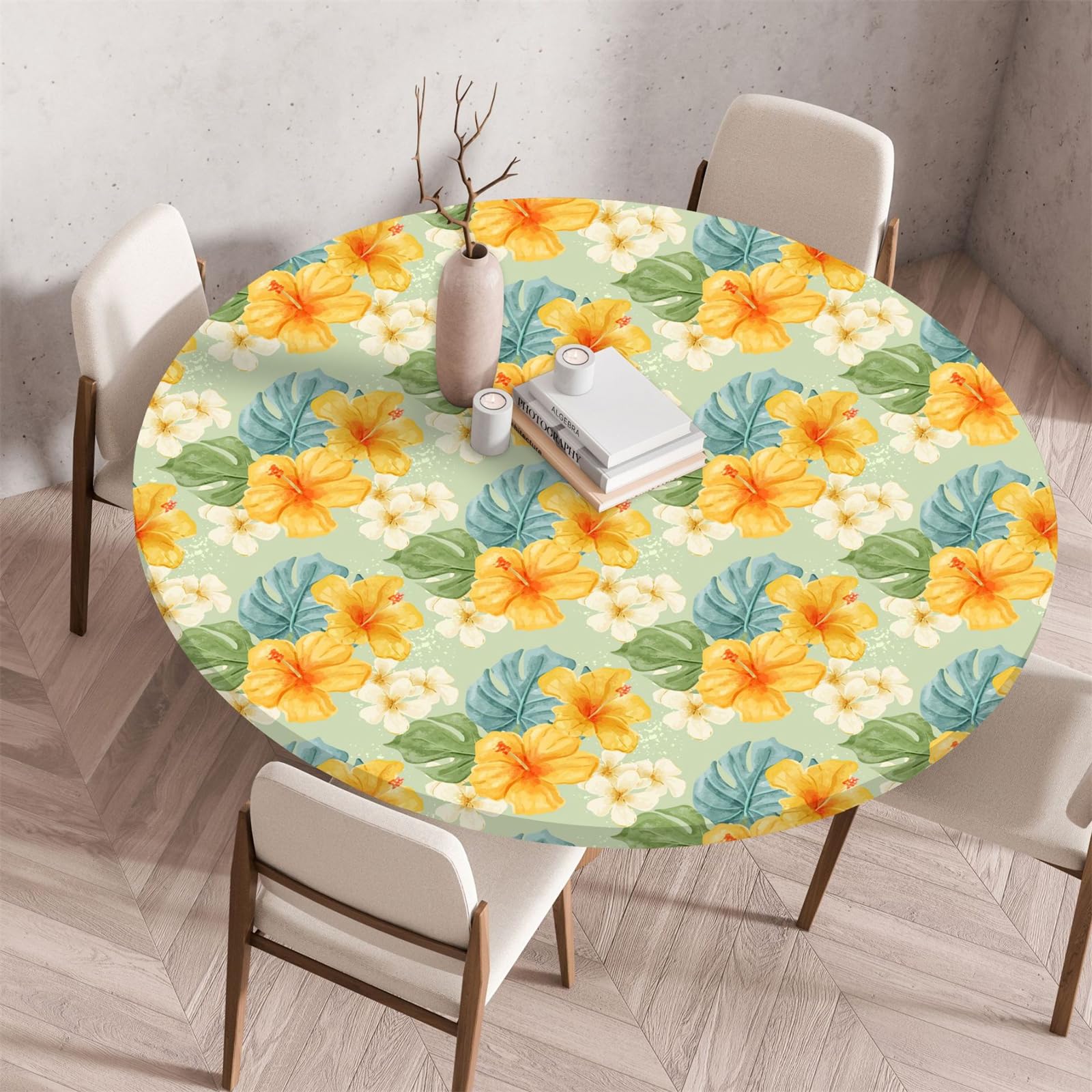 Muiuou Waterproof Elastic Fitted Round Tablecloth,Flower Printing Reusable Waterproof Oil-Proof Wipeable Circle Tablecloth,for Dinning Room Kitchen Picnic Decoration (Diameter 140cm,Style 1)