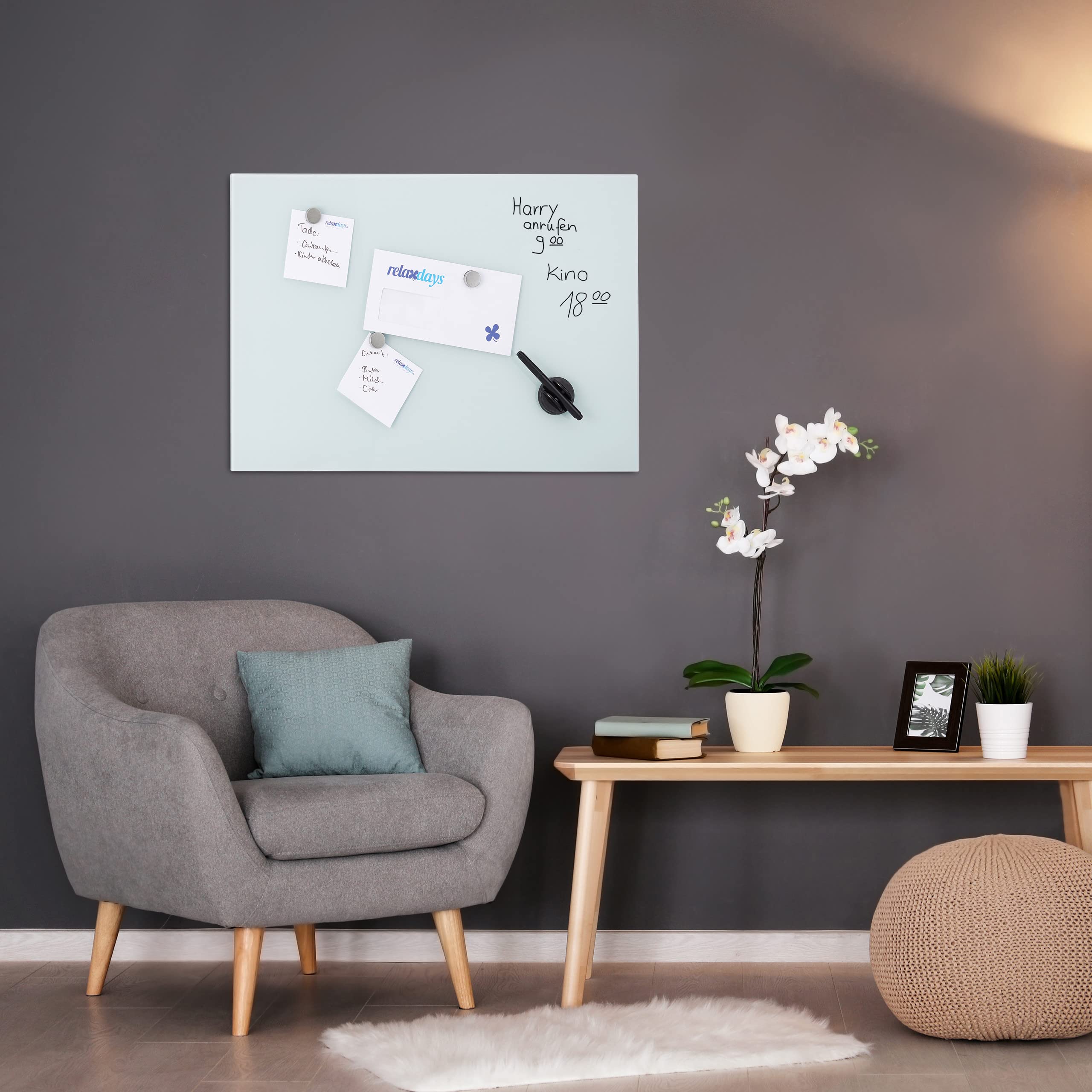 Relaxdays Tableau mémo magnétique, Verre de Protection, Panneau Pense-bête, 3 aimants, 80 x 50 cm, Blanc