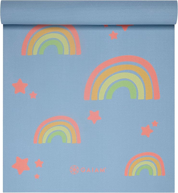 Esterilla de yoga estampada para niños Gaiam, no tóxica, diseño divertido, 3 mm | Edades 5-8 | Superficie antideslizante texturizada | PVC sin 6P | 60 pulgadas de largo x 24 pulgadas de ancho | Clase de yoga para niños descargable