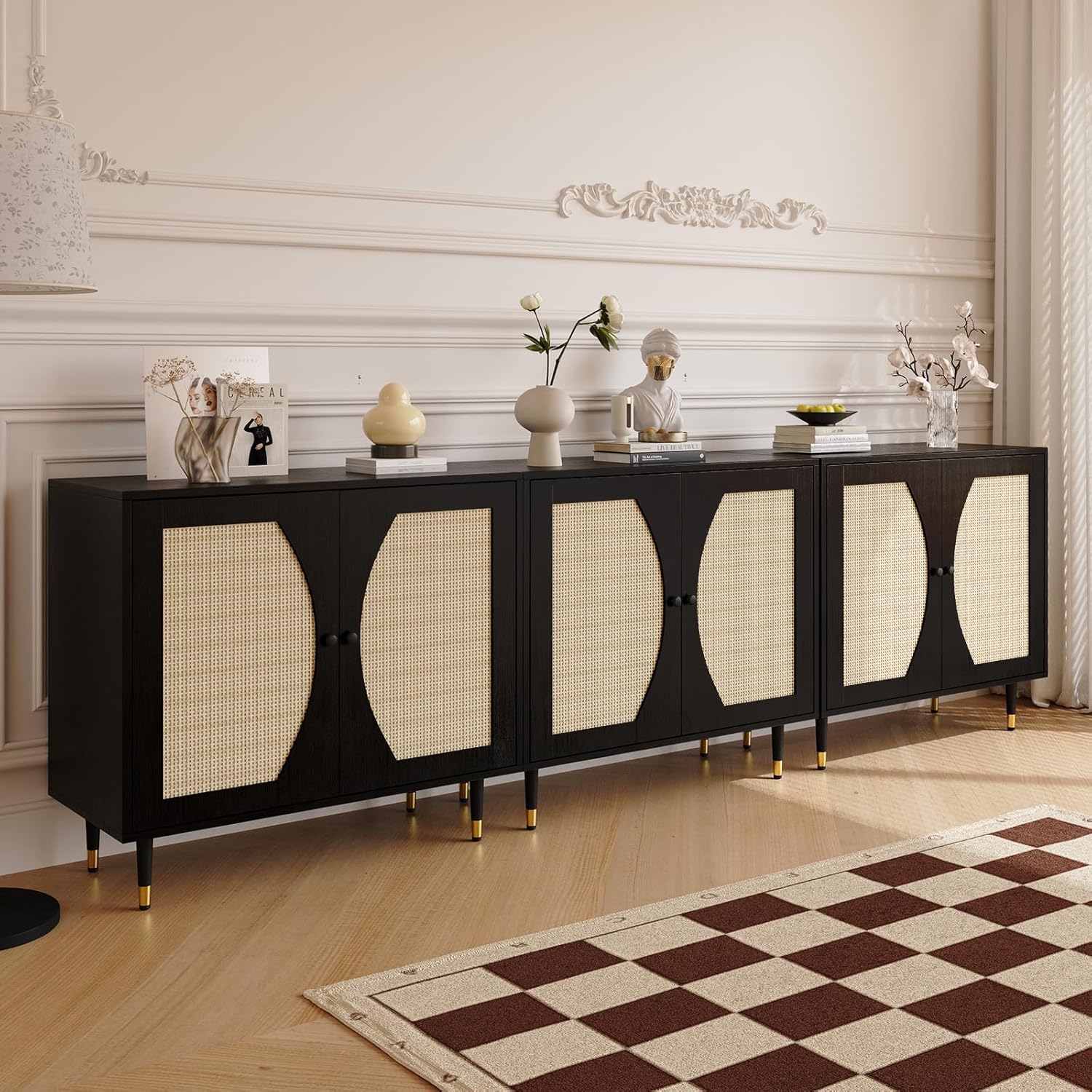 4ever2buy Rattan Storage Cabinet with Doors, Rattan Sideboard with Adjustable Shelves, Black Storage Cabinet for Living Room，Kitchen and Dining Room, Set of 3, Black