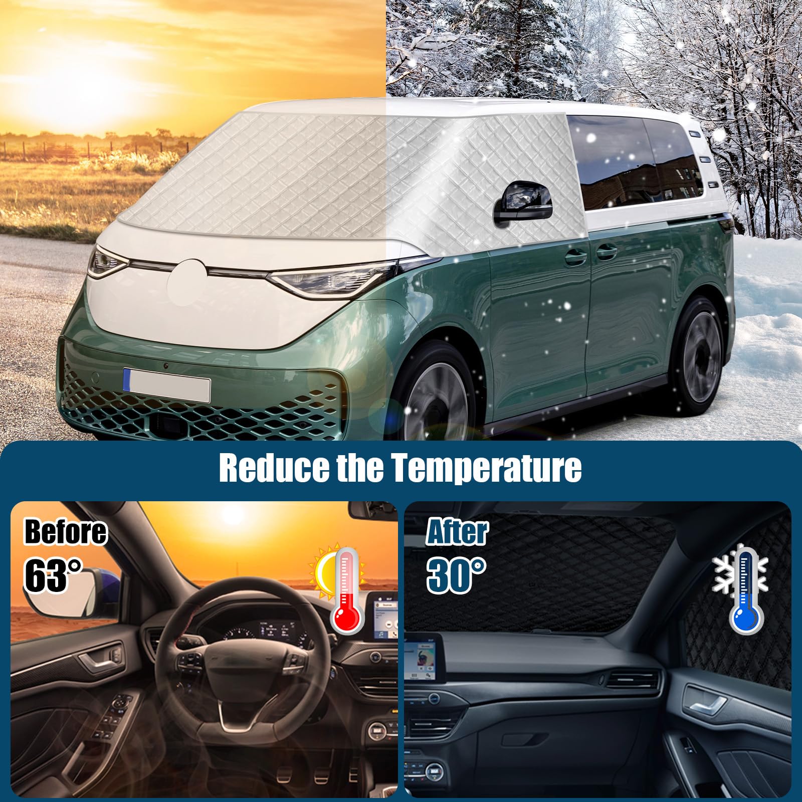 Frontscheibe für VW ID Buzz 2022-2026, Silberfarbene Außenabdeckung für die Windschutzscheibe, Frost- und Schneeschutzabdeckung