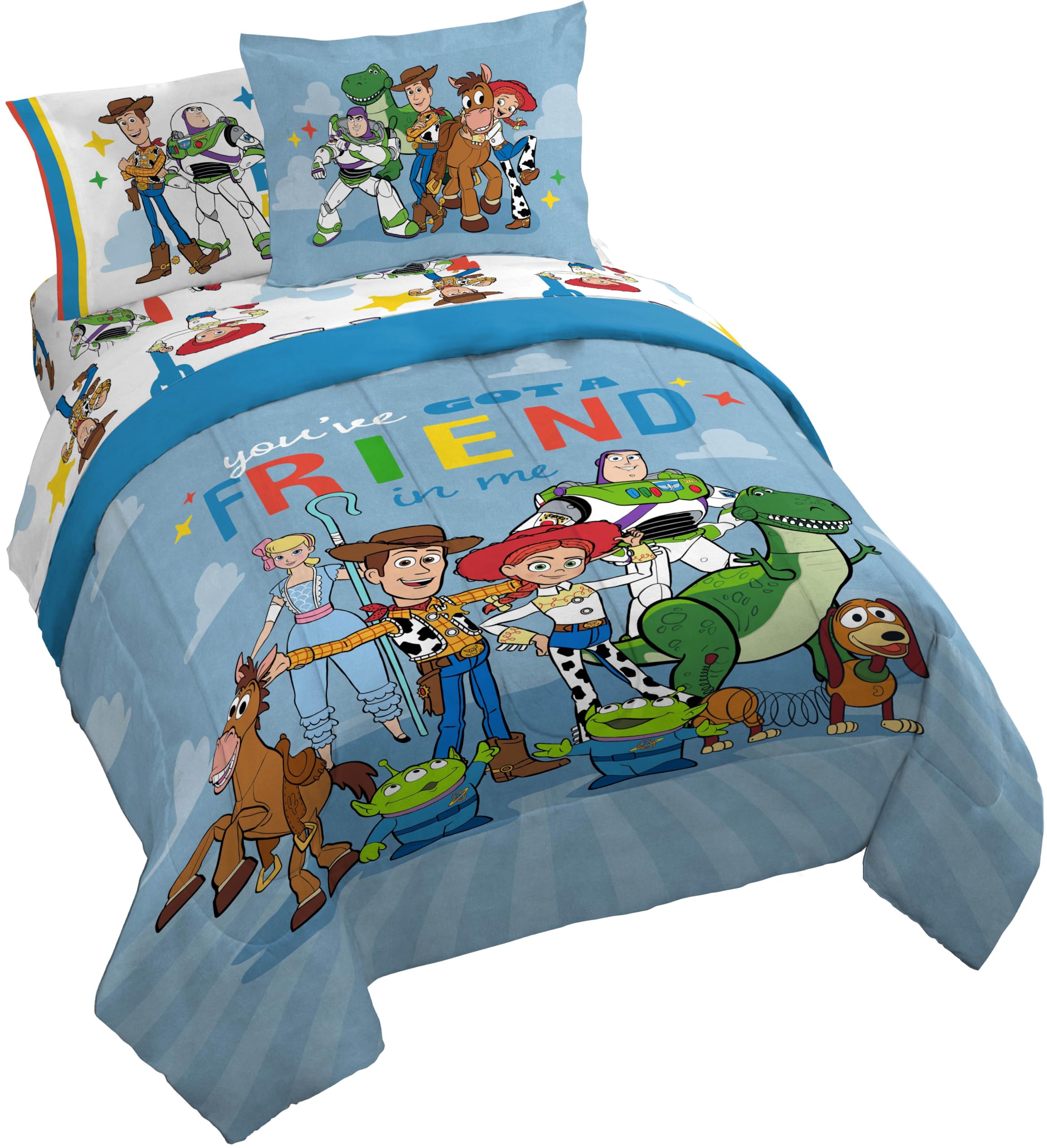Jay Franco Kids Comforter Set Includes Sheets and Pillow Cover - Soft and Cozy Bed Set for Stylish Room Décor, Blue - Toy Story, 7 Piece Queen