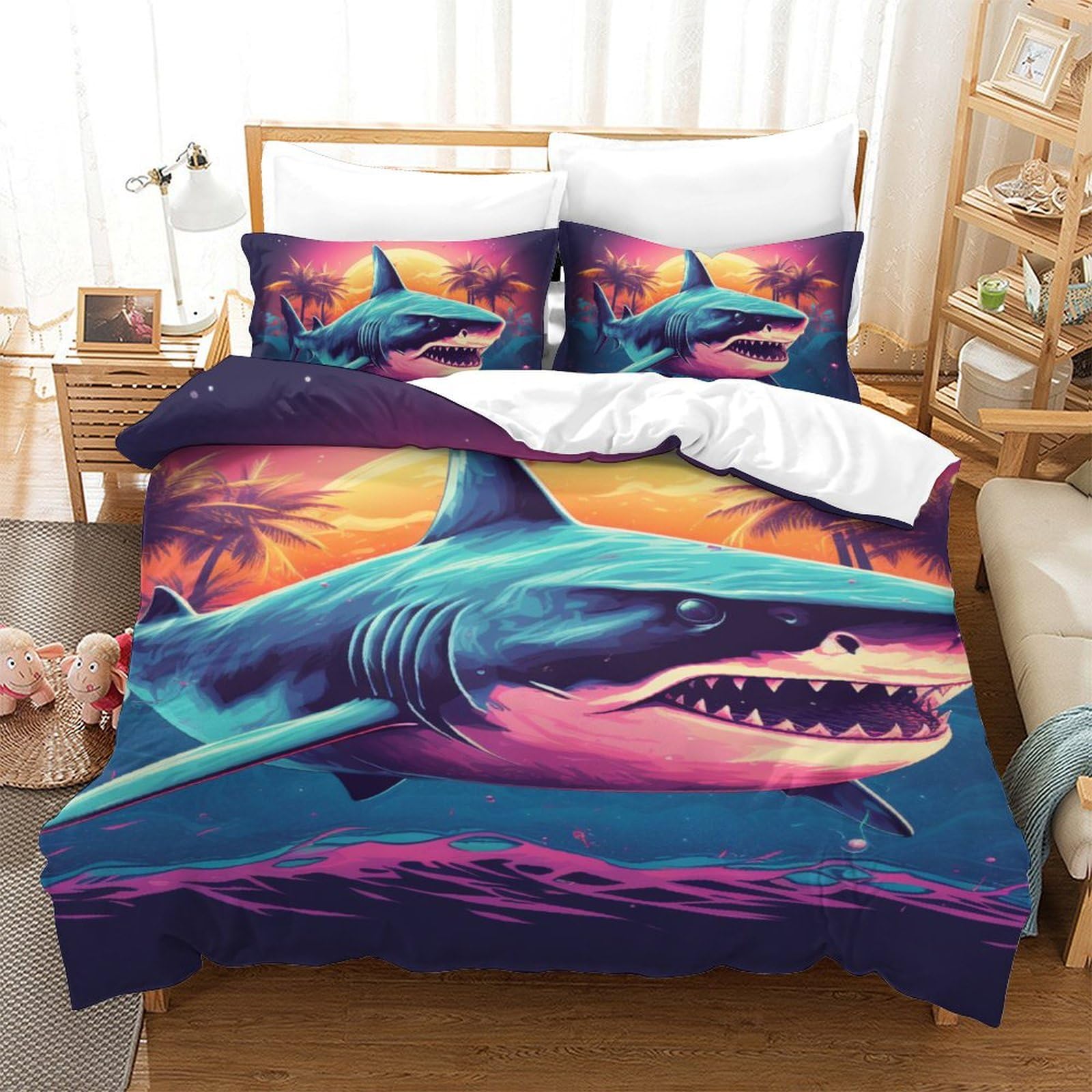 Housse de couette requin antibactérienne et respirante en microfibre douce