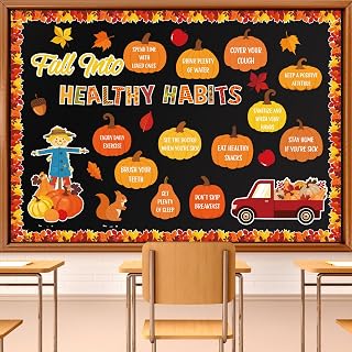 Fall Health Habits Bulletin Board Decorations Set Thanksgiving Classroom Decoration Maple Leaves Autumn Pumpkin Accents Healthy Habits Cutouts for Thanksgiving Autumn Classroom School Wall Decor