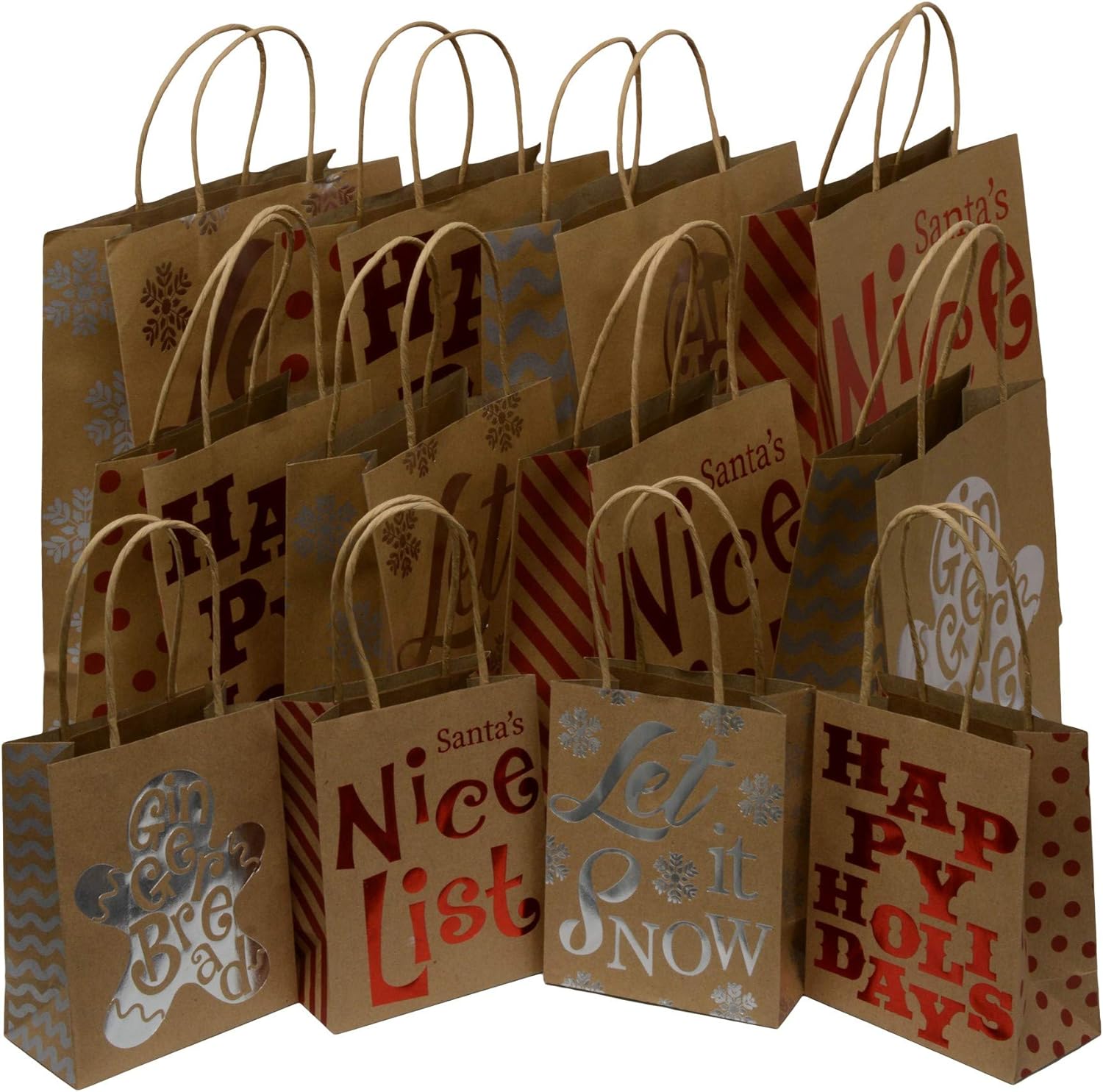 PapierGeschenktüten, 12 KraftpapierWeihnachtsDesigns in Silber und Rot in klein, mittel und