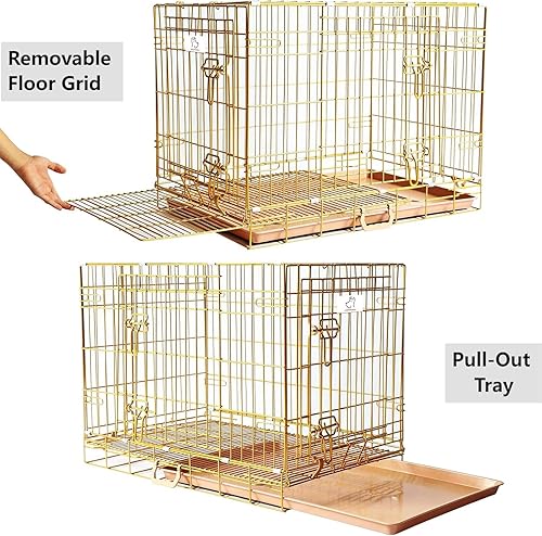 Miniatura 4 de HOMEY PET Jaula de cobre dorado para perros de 30 pulgadas, portátil, plegable, de alambre de metal, jaula para perros con rejilla de suelo