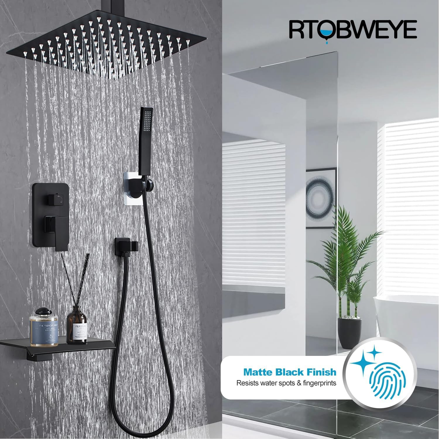 8 Inch Shower Faucet Set, Ceiling Mounted Rainfall Shower System with High Pressure Handheld Shower Head, Bathroom Mixer Shower Set Rough-in Valve and Trim Kit, Matte Black, with Tub Spout