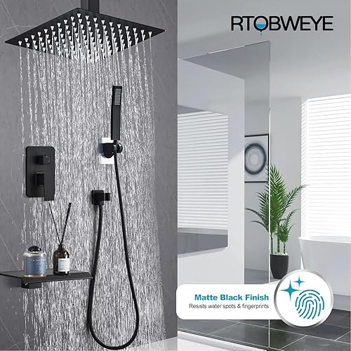 Miniatura 49 de Juego de grifo de ducha de 12 pulgadas, montaje en techo, sistema de ducha de lluvia de alta presión, combo de rociador de ducha de lluvia cuadrado