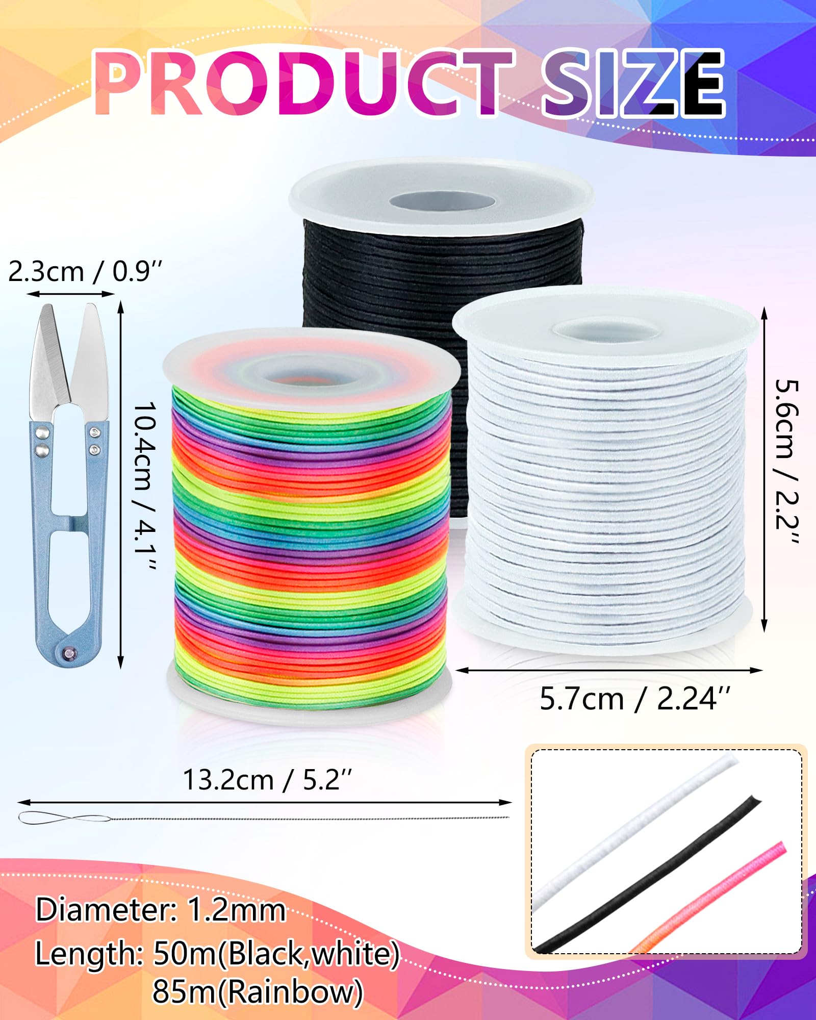 FIVEIZERO Cuerda elástica de color blanco y negro, 1 mm, 1,2 mm, 1,5 mm, 3 rollos de cordón elástico para pulseras, collares, joyería y manualidades con aguja de cuentas y tijeras