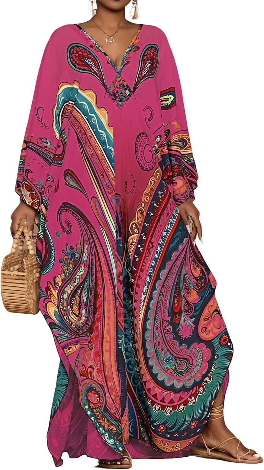 Bsubseach Kaftan Dresses for Women Ethnic Print Plus Size Beach Cover Ups Batwing Sleeve Caftans with Pockets