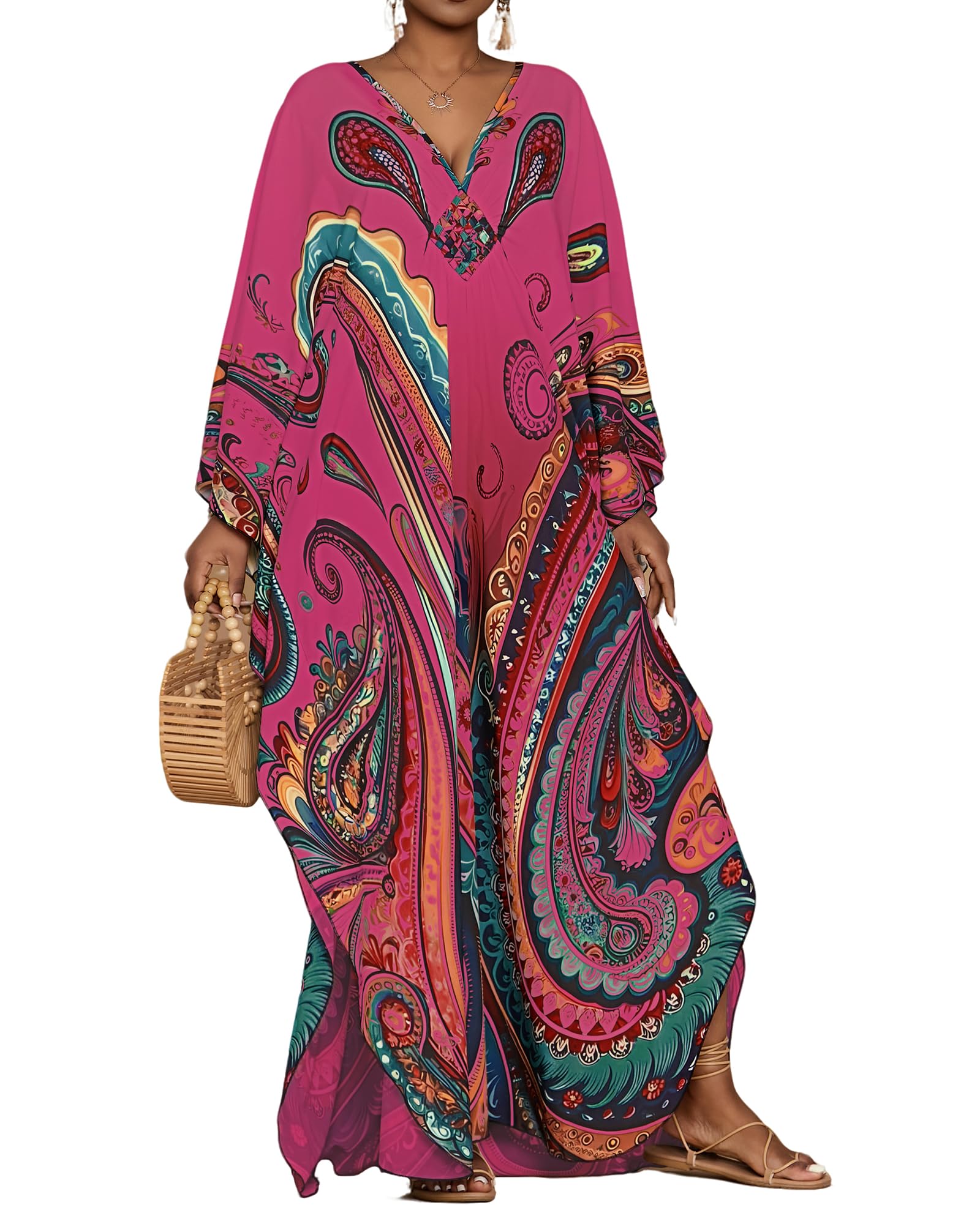 Bsubseach Kaftan Dresses for Women Ethnic Print Plus Size Beach Cover Ups Batwing Sleeve Caftans with Pockets