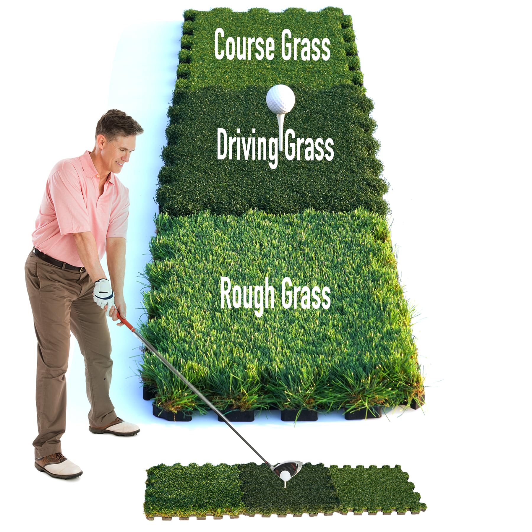 GAIARENA Tri-Turf Golf Hitting Mat Premium Indoor/Outdoor/Backyard Golfing Practice Mat for Home Golf Simulators, Thick EVA Foam Base &amp; Tri-Turf Tiles Rough Driving Course Grass, Gift for Avid Golfers