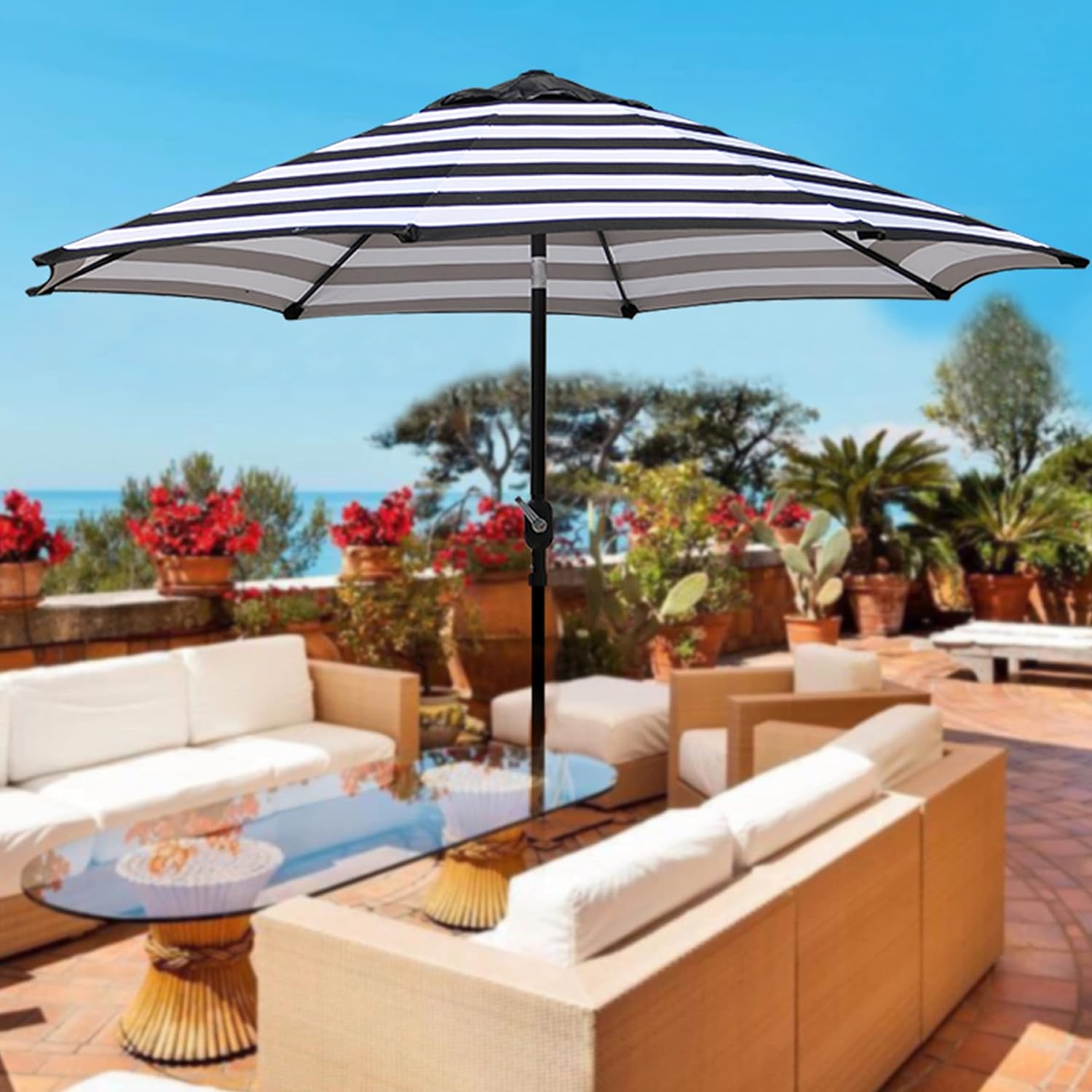 Blissun 9' Outdoor Aluminum Patio Umbrella, Striped Patio Umbrella, Market Striped Umbrella with Push Button Tilt and Crank (Black & White Stripe) : Patio, Lawn & Garden