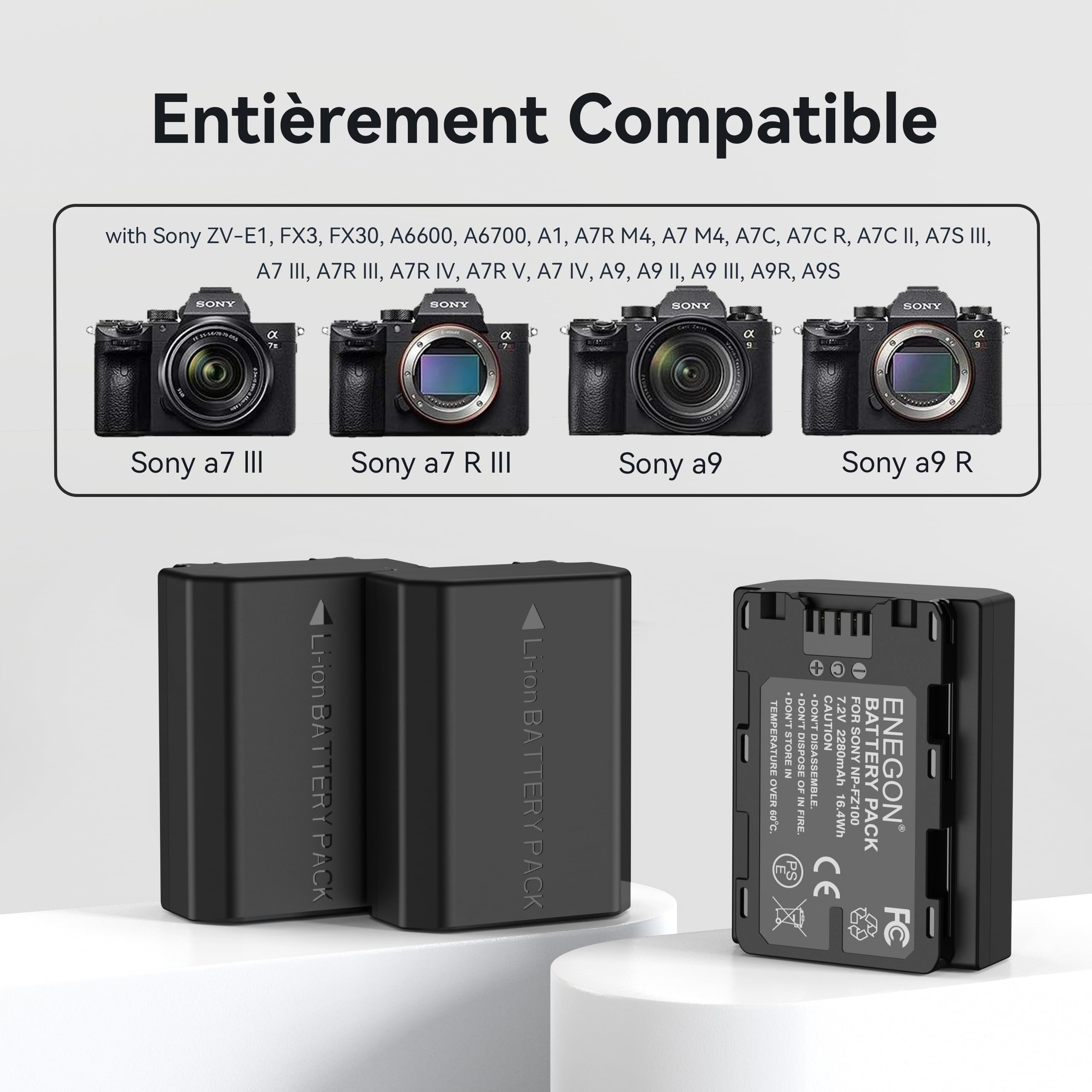ENEGON Batteries NP-FZ100 (3×2280mAh) avec Chargeur 3 emplacements et écran LCD, compatibles Sony A7III, A7IV, A7C/A7C R, A7R III/IV/V, ZV-E1, FX3, FX30, A1, A6600, A6700, A9/A9 II