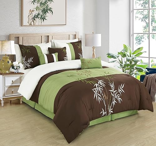Chezmoi Collection Bengal - Juego de edredón bordado de bambú de 7 piezas, tamaño California King, ropa de cama de microfibra de hierba de bambú